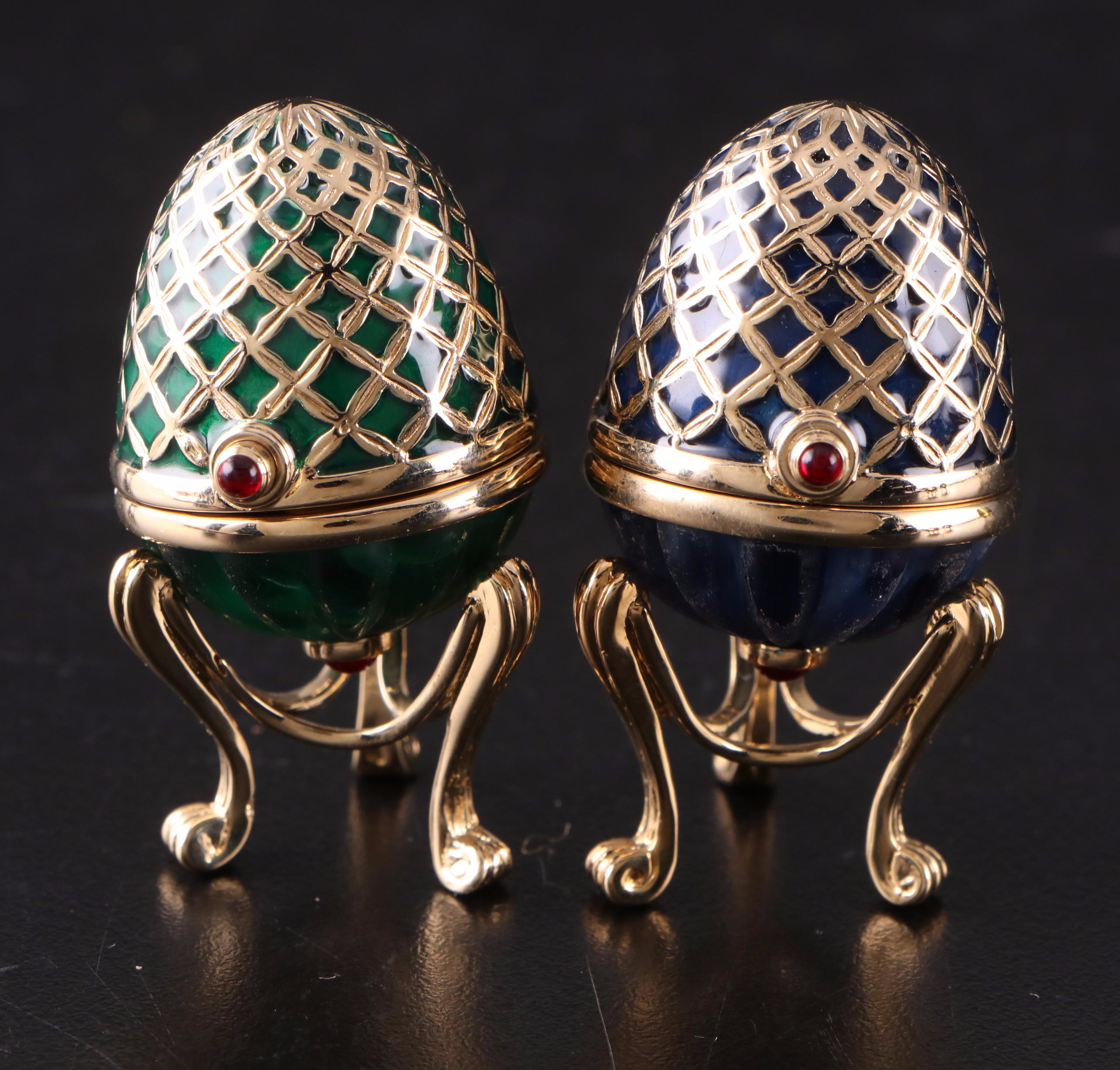 English 18K Gold Guilloché Egg Ring Box with Bejewelled Enamel Egg Boxes
