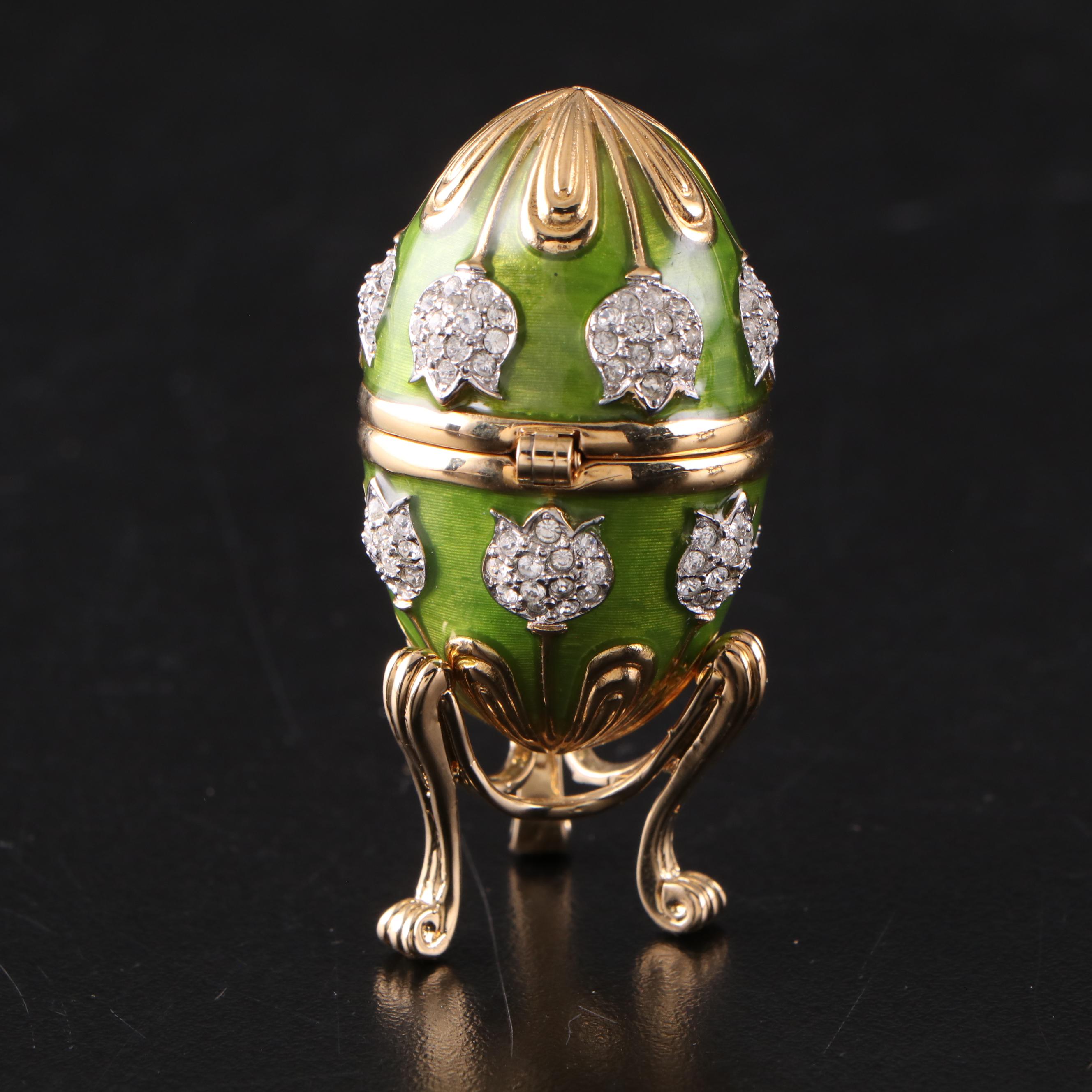 English 18K Gold Guilloché Egg Ring Box with Bejewelled Enamel Egg Boxes
