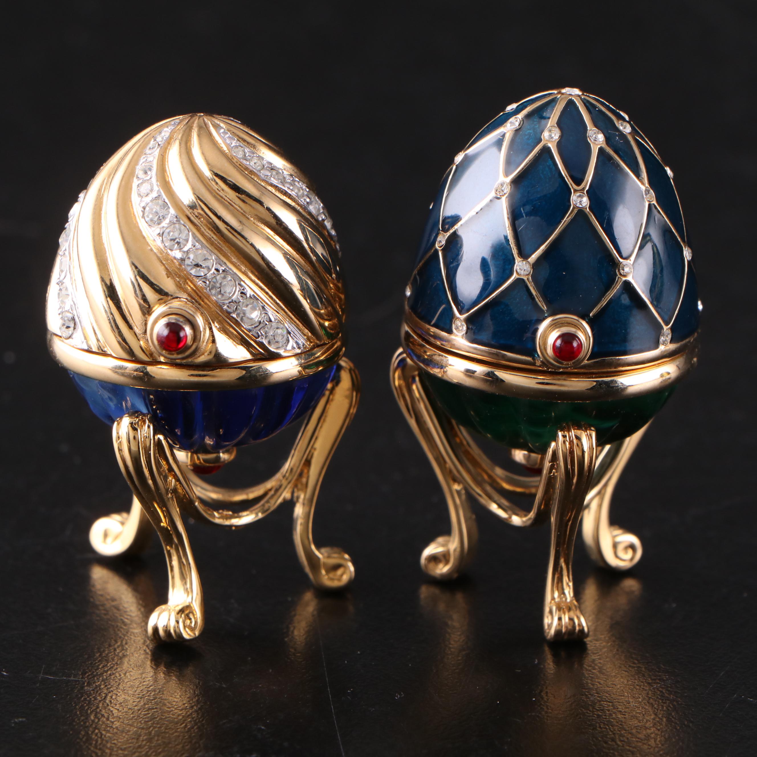 English 18K Gold Guilloché Egg Ring Box with Bejewelled Enamel Egg Boxes