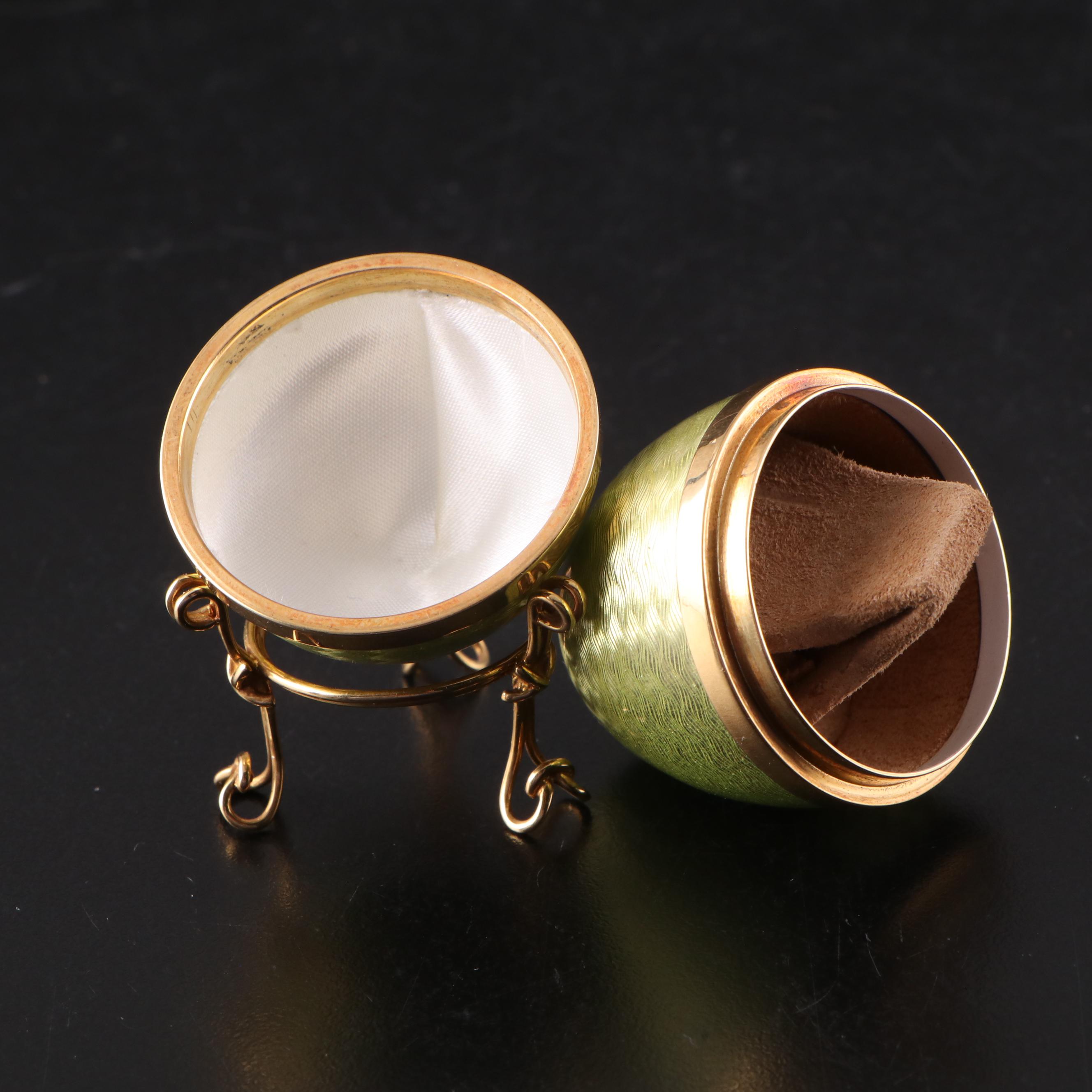 English 18K Gold Guilloché Egg Ring Box with Bejewelled Enamel Egg Boxes