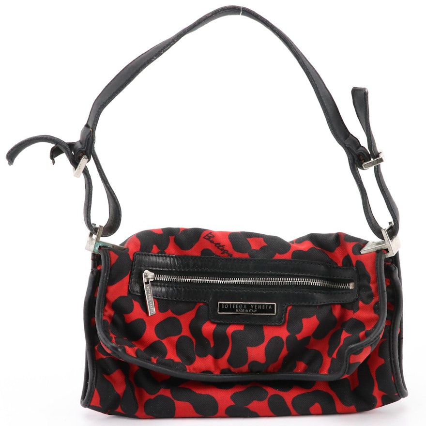 Bottega Veneta Black and Red Leopard Nylon Mini Front-Flap Handbag