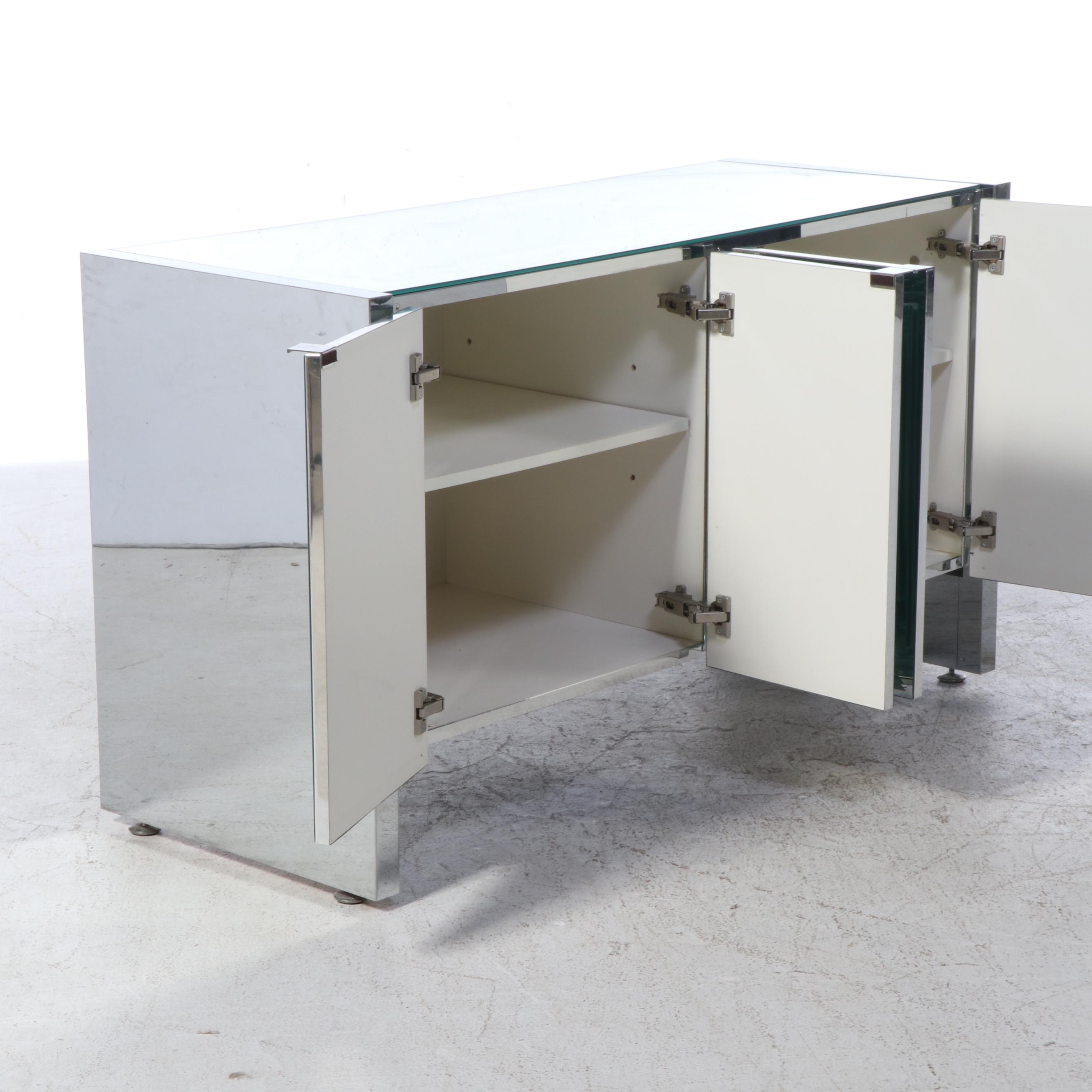 Modernist Chrome and Mirrored Glass Console Cabinet, Manner of Ello Furniture