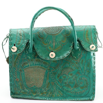 Turquoise Floral Tooled Leather Top Handle Tote Bag