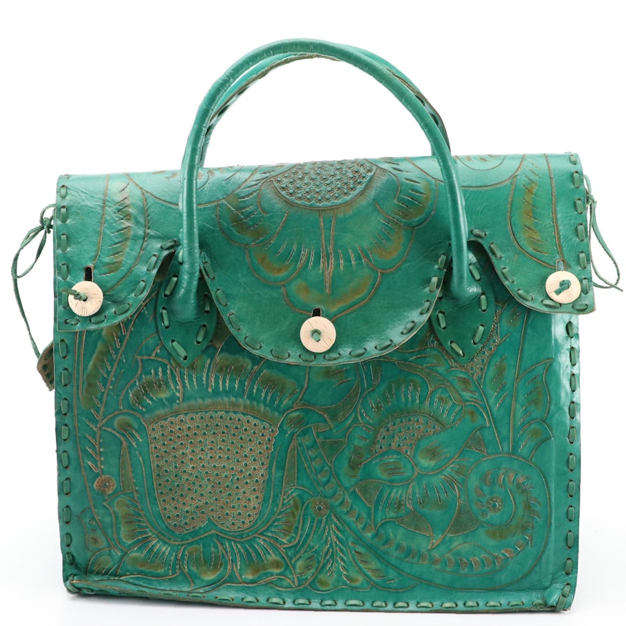 Turquoise Floral Tooled Leather Top Handle Tote Bag