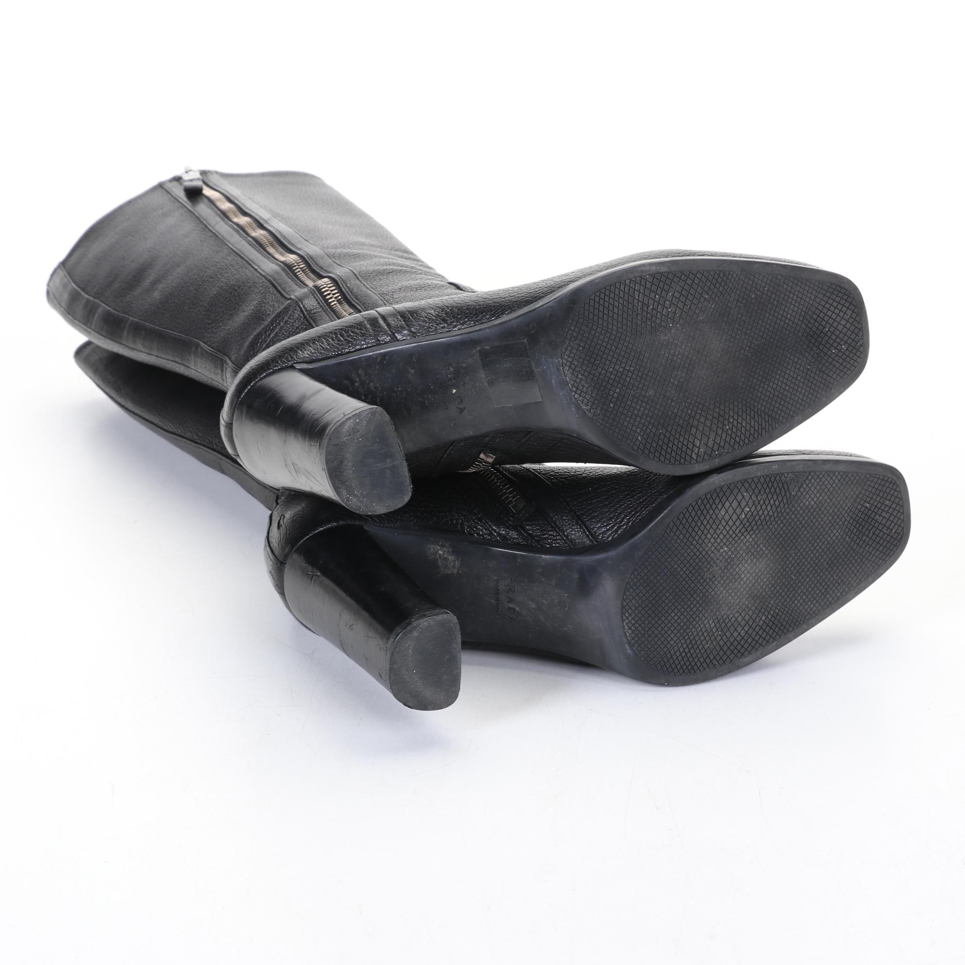 Prada Black 4" Heeled Boot Featuring Zippers On Both Sides Of Boot