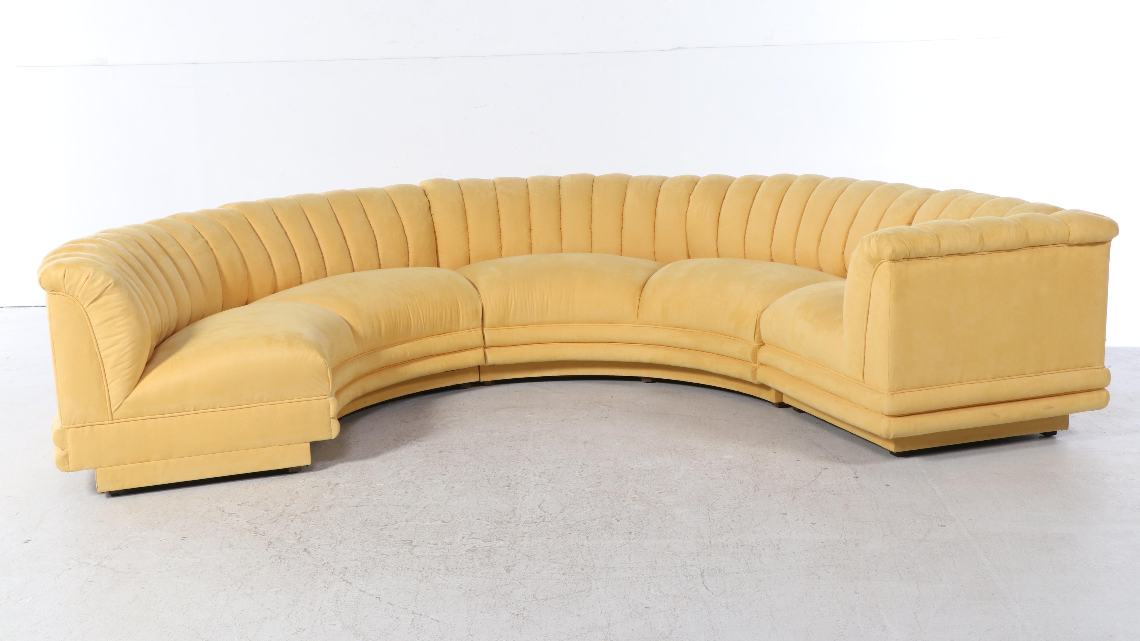 Modernist Channeled Yellow Suede Sectional Sofa