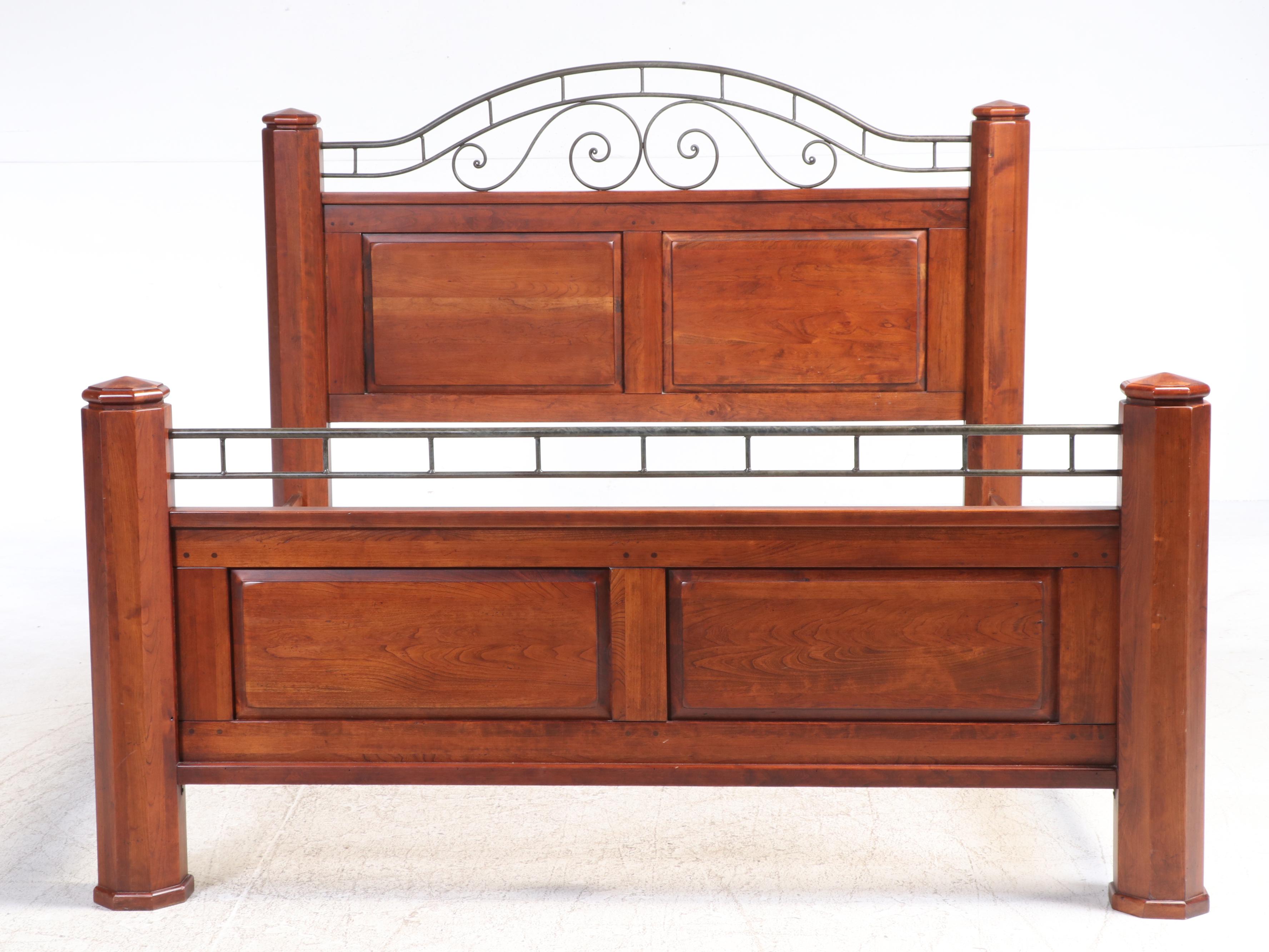 Cherrywood and Patinated Metal California King Size Bed Frame