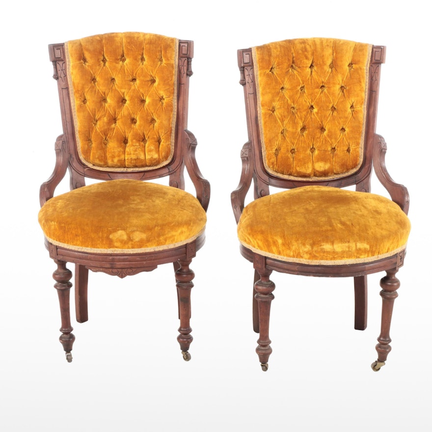 Pair of Renaissance Revival Walnut and Buttoned-Down Velvet Parlor Chairs
