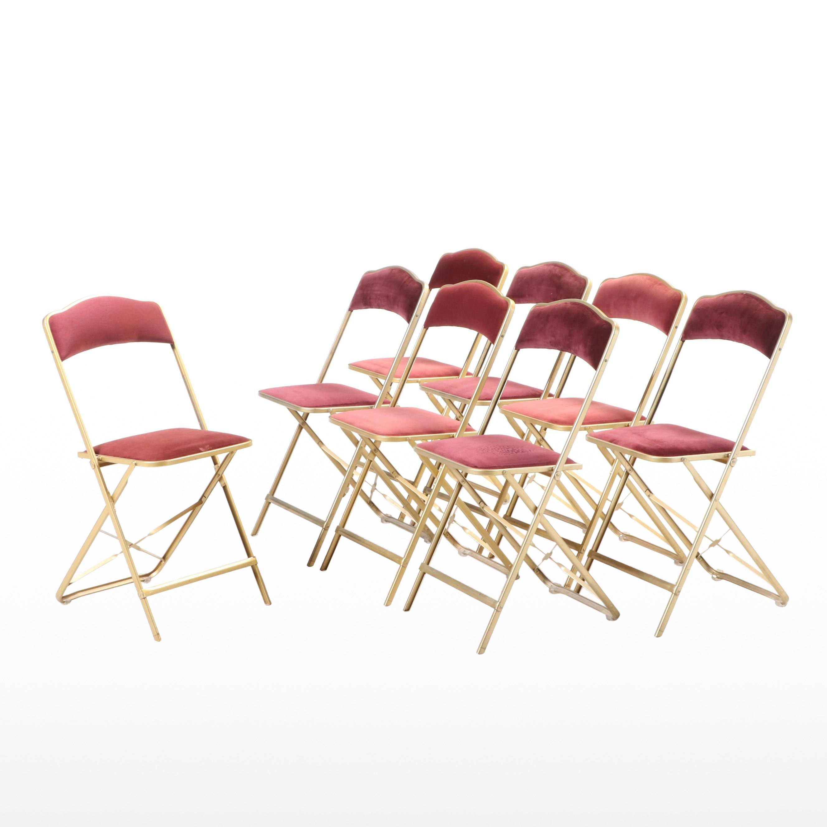 Eight A. Fritz & Co. Gilt Metal and Velvet Folding Side Chairs, Mid-20th Century