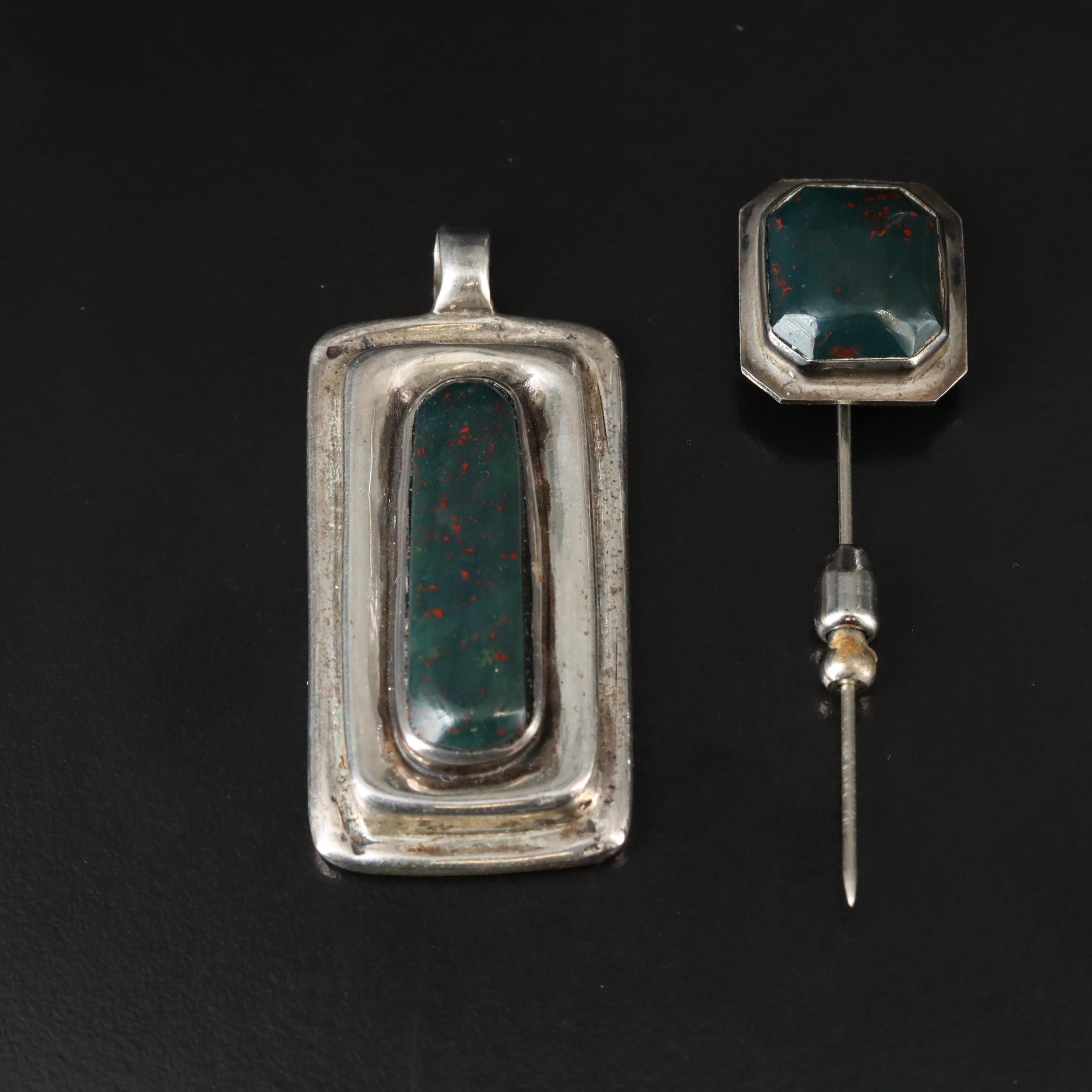 Sterling Bloodstone Pendant and 900 Silver Pin