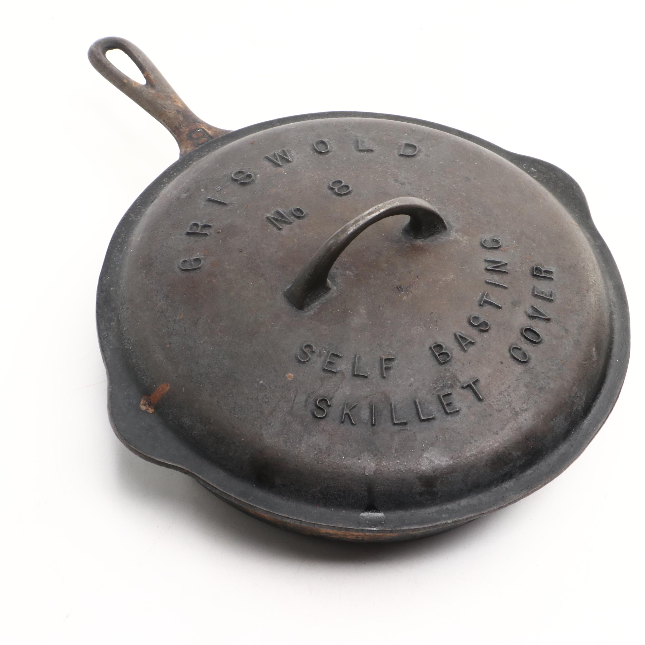 Griswold Cast Iron Skillet and Self-Basting Skillet Cover with Other Grill Pan