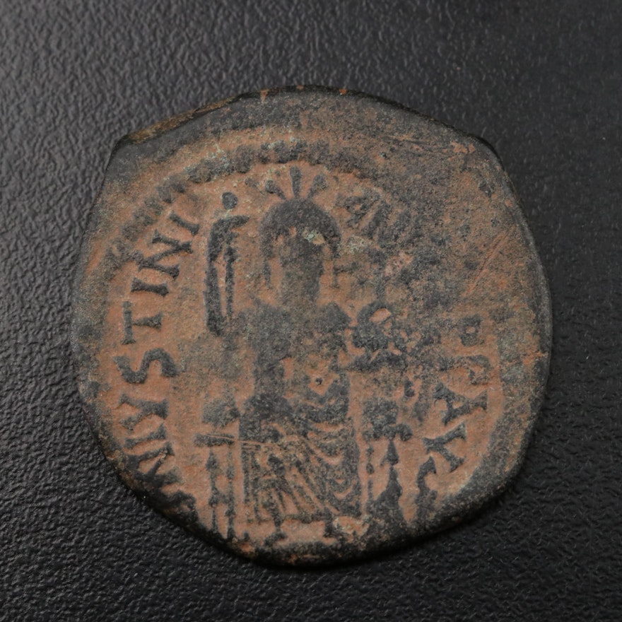 Ancient Byzantine Follis Coin of Justinian I, ca. 530 A.D.
