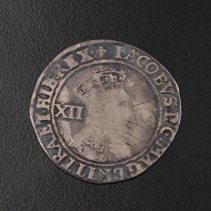English Hammered AR Shilling Coin of King James I, ca. 1605