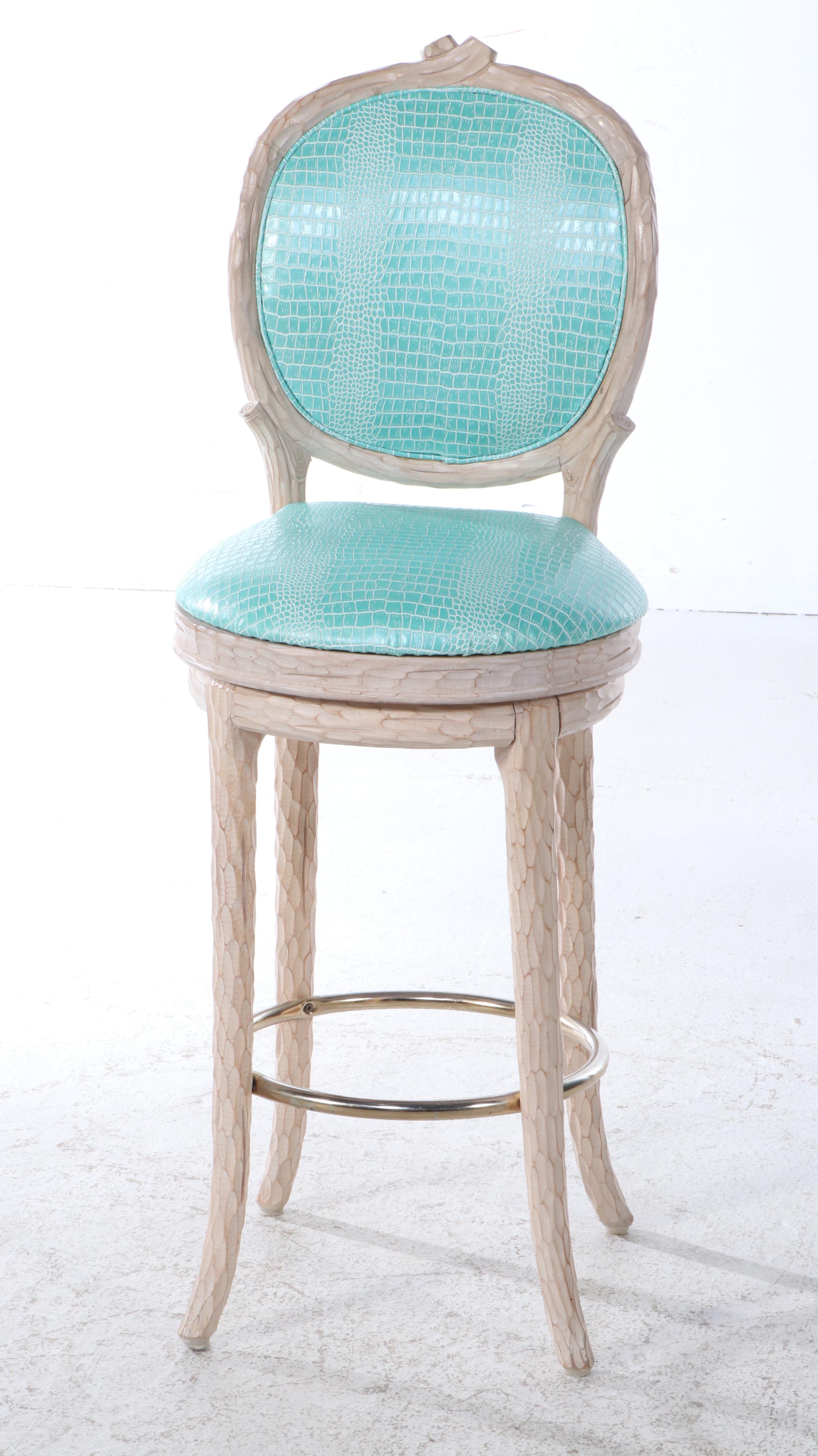 Three Carved Beech and Faux-Alligator Twig-Form Swivel Bar Stools