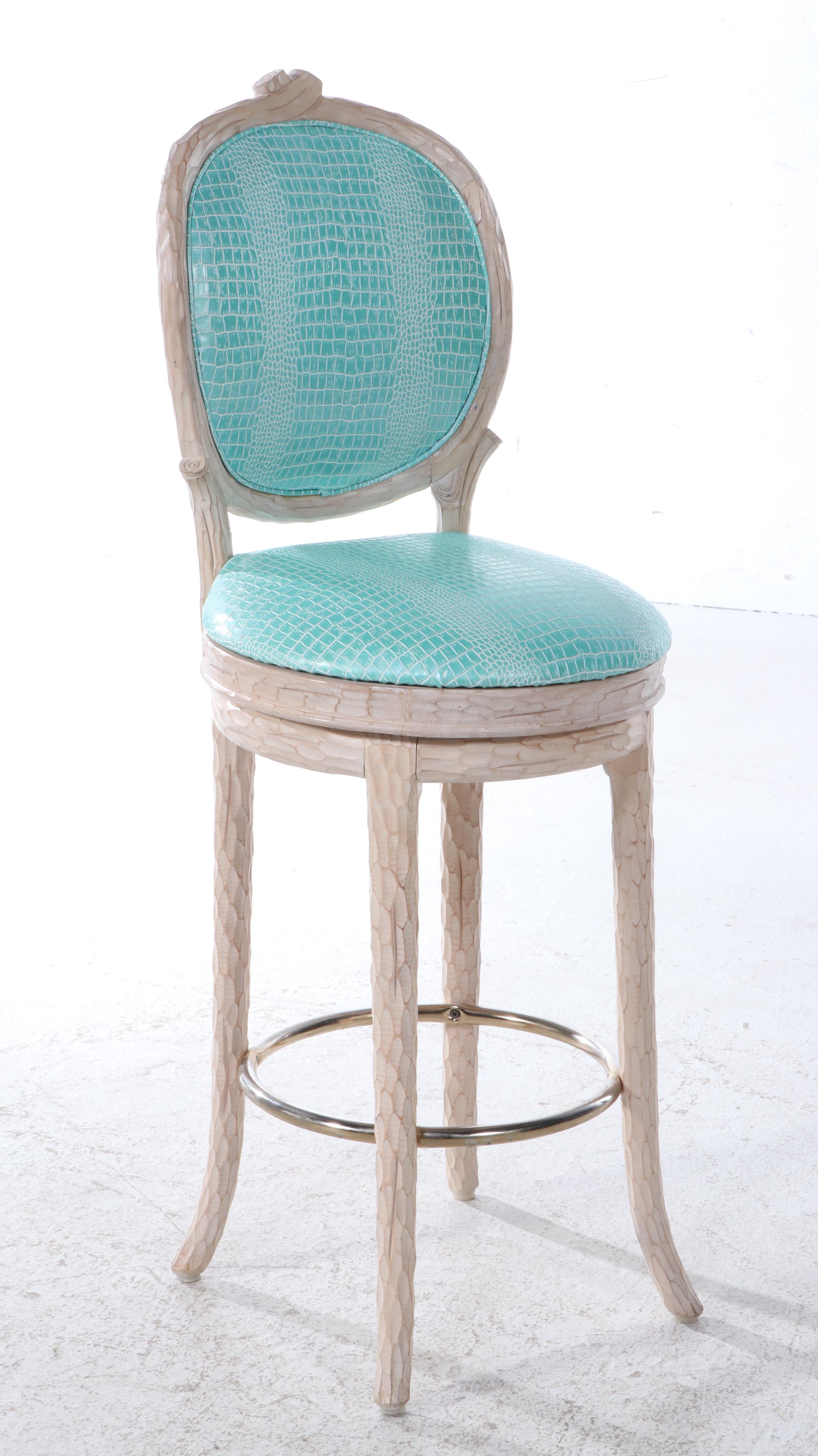 Three Carved Beech and Faux-Alligator Twig-Form Swivel Bar Stools