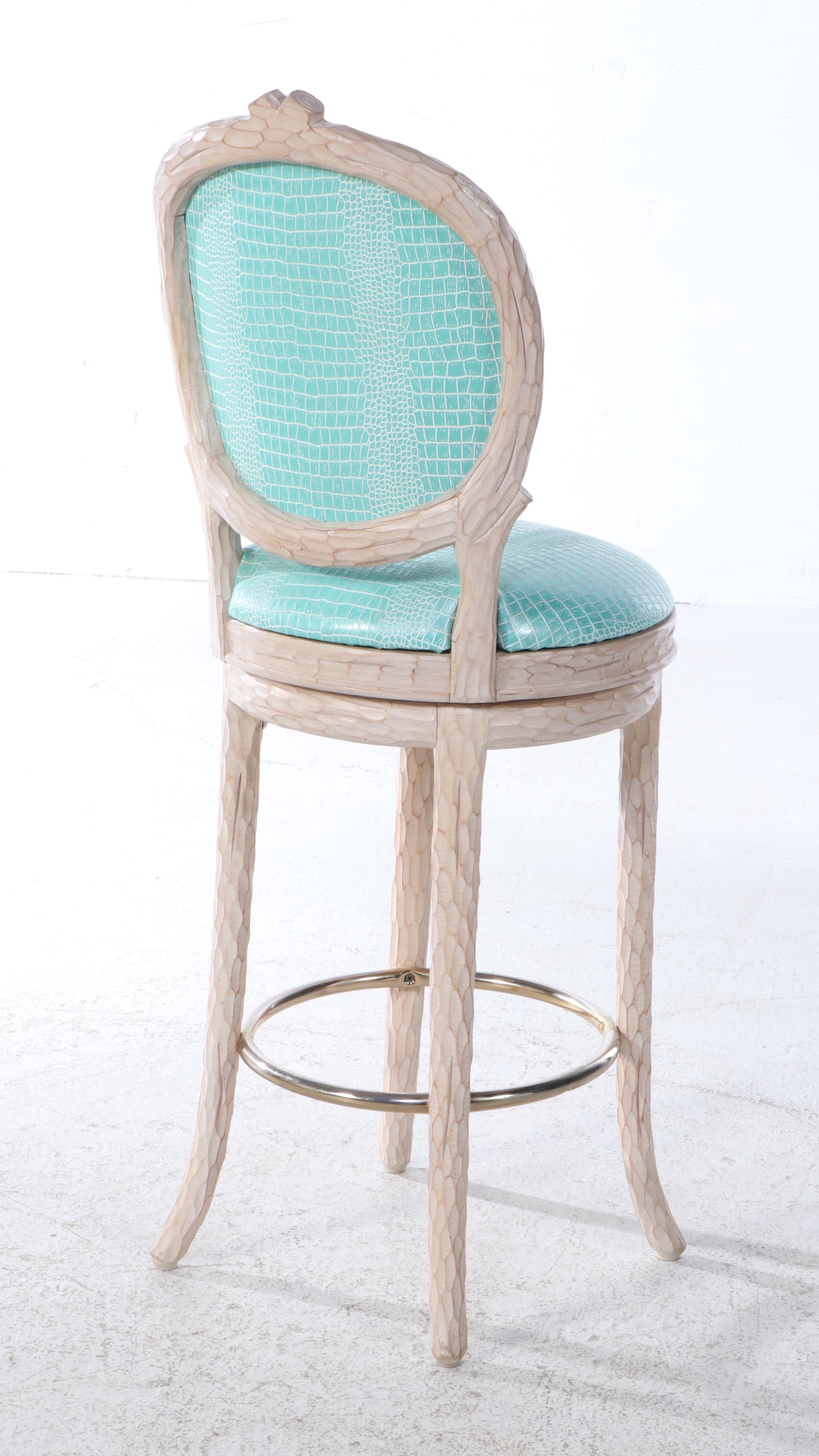 Three Carved Beech and Faux-Alligator Twig-Form Swivel Bar Stools