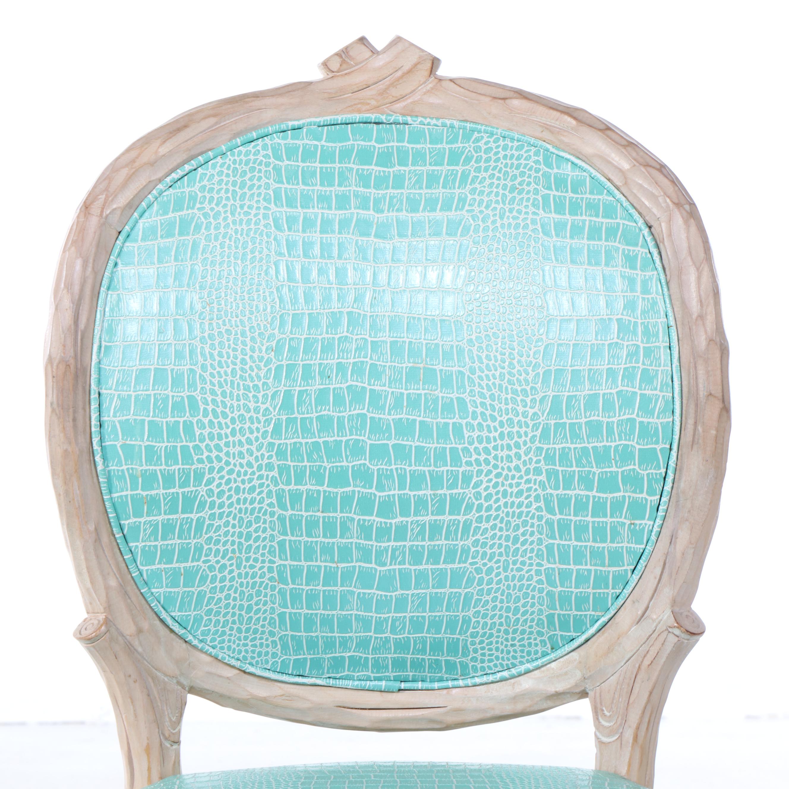 Three Carved Beech and Faux-Alligator Twig-Form Swivel Bar Stools