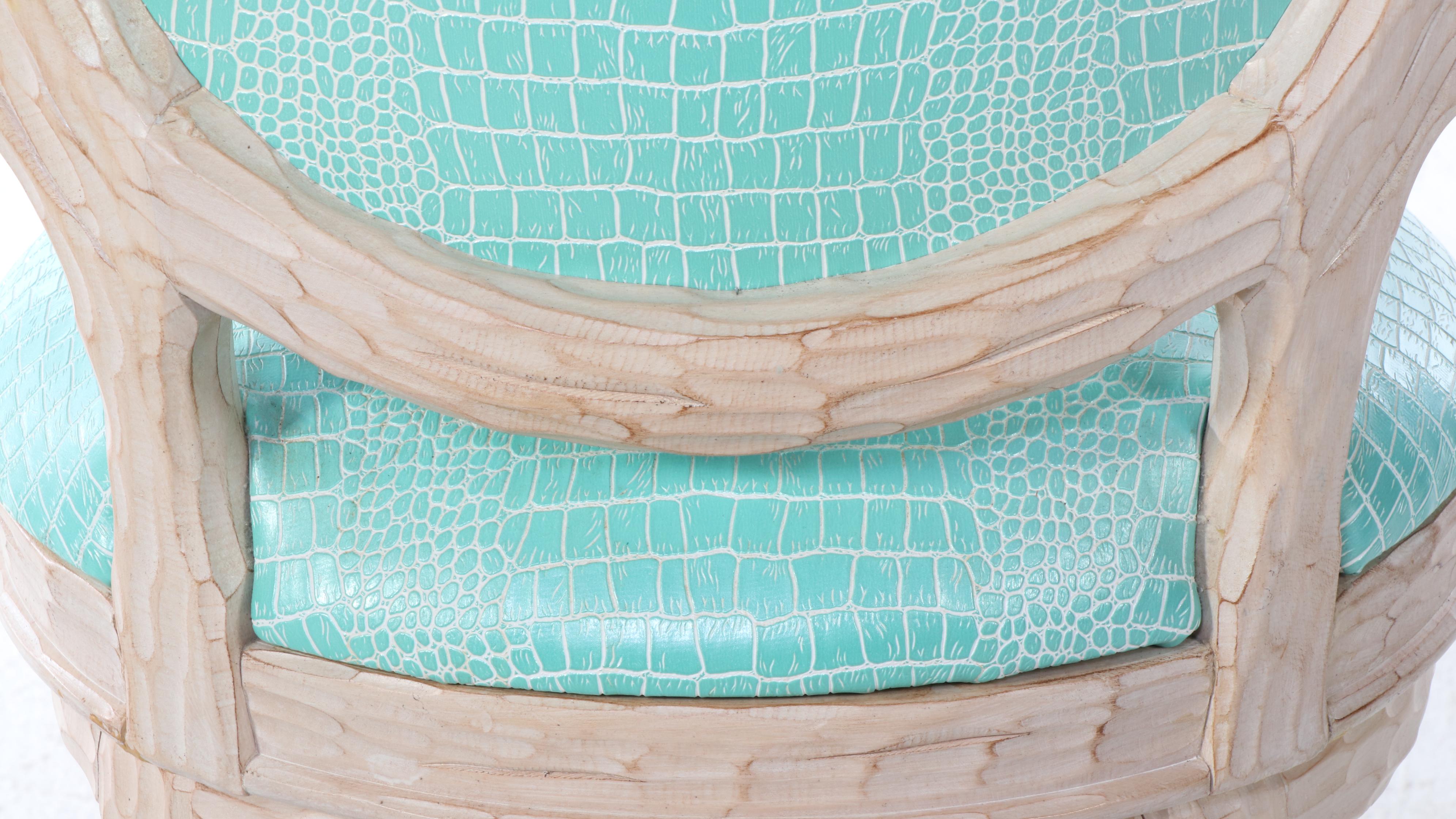 Three Carved Beech and Faux-Alligator Twig-Form Swivel Bar Stools