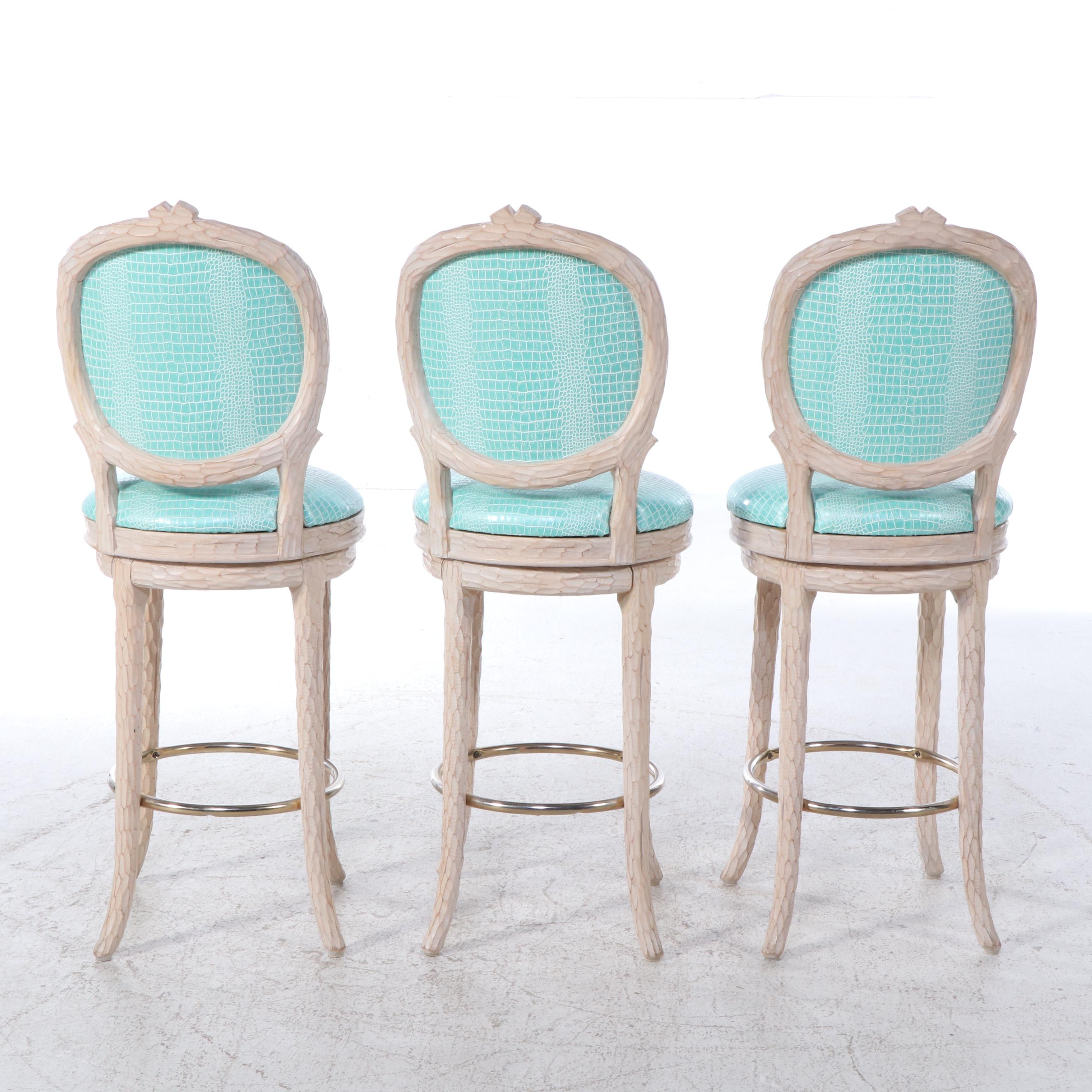 Three Carved Beech and Faux-Alligator Twig-Form Swivel Bar Stools