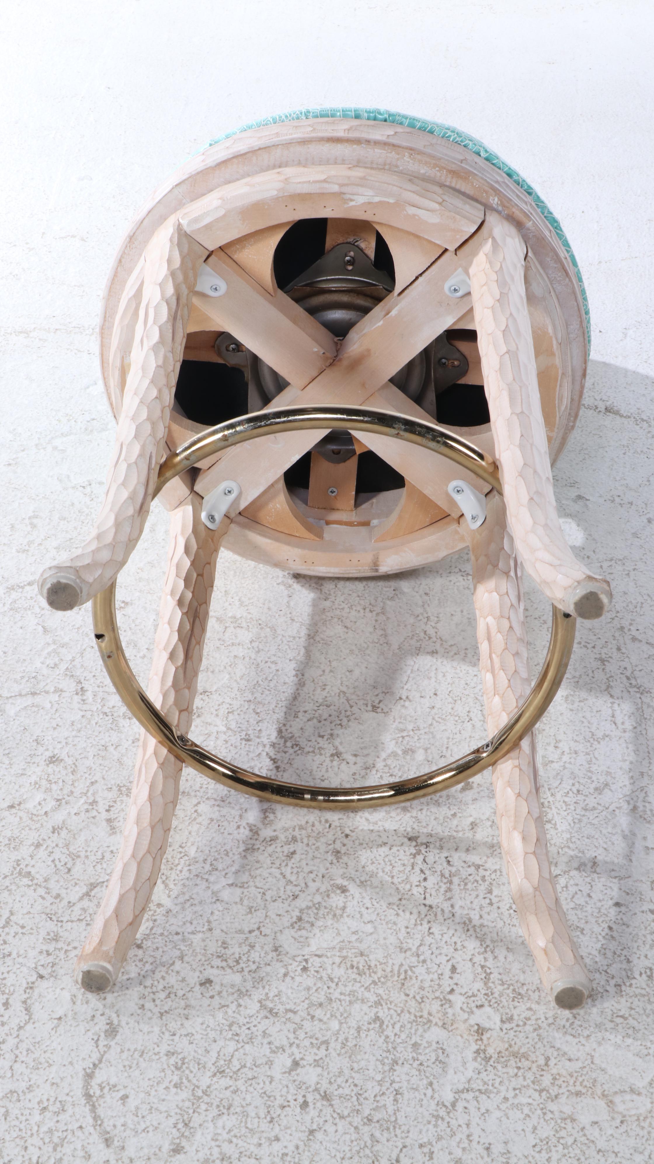 Three Carved Beech and Faux-Alligator Twig-Form Swivel Bar Stools