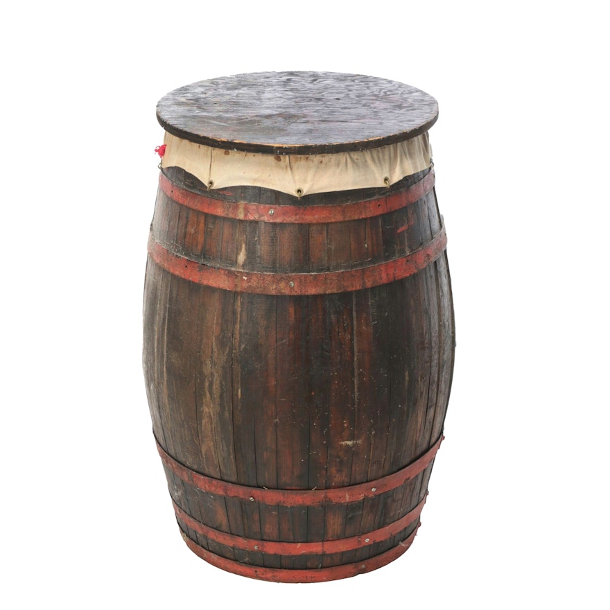 Staved Oak Barrel with Red Braces and Fabric Lining