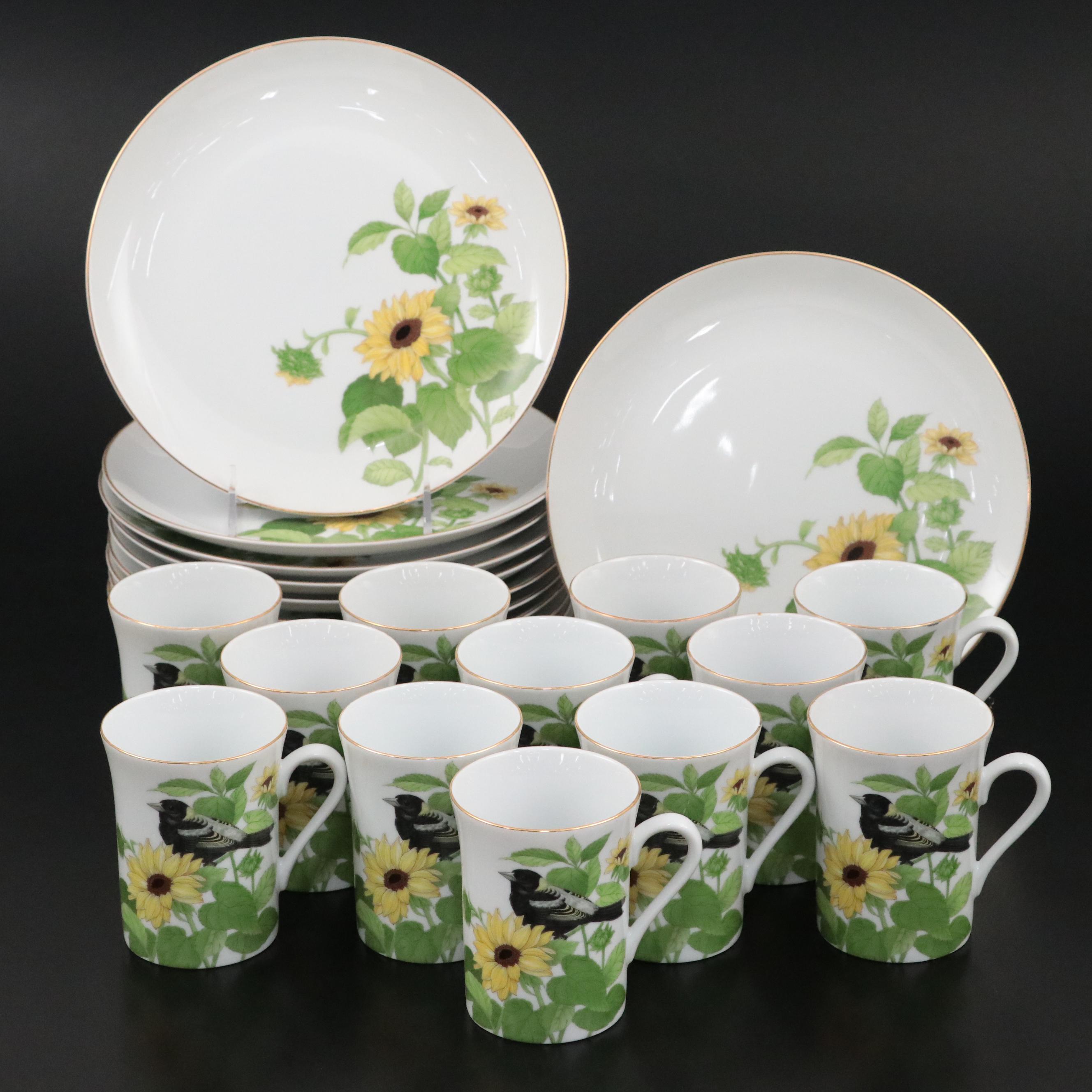 Japanese Otagiri Porcelain Mugs and Plates with Sunflower and Bird Motifs