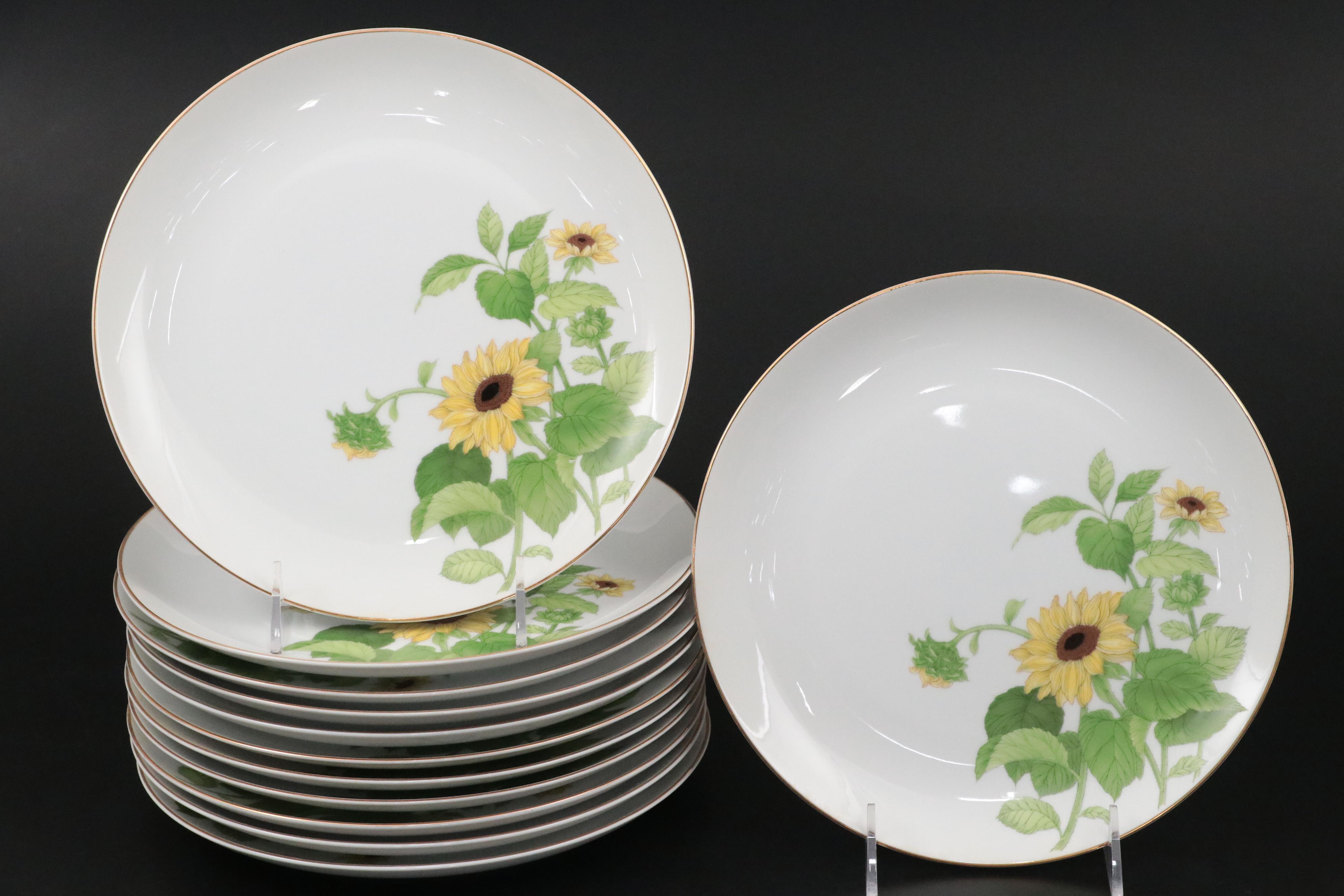 Japanese Otagiri Porcelain Mugs and Plates with Sunflower and Bird Motifs