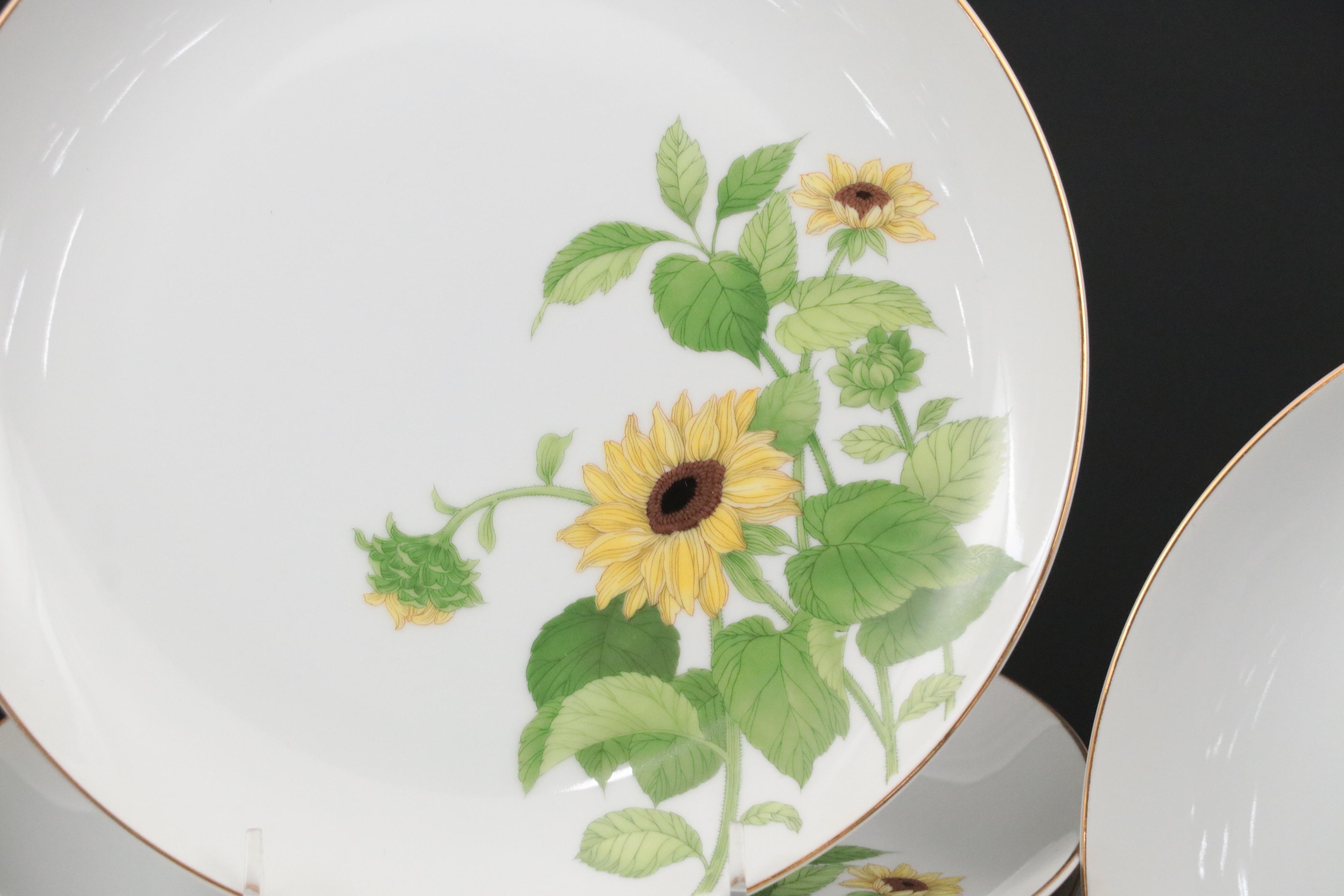 Japanese Otagiri Porcelain Mugs and Plates with Sunflower and Bird Motifs