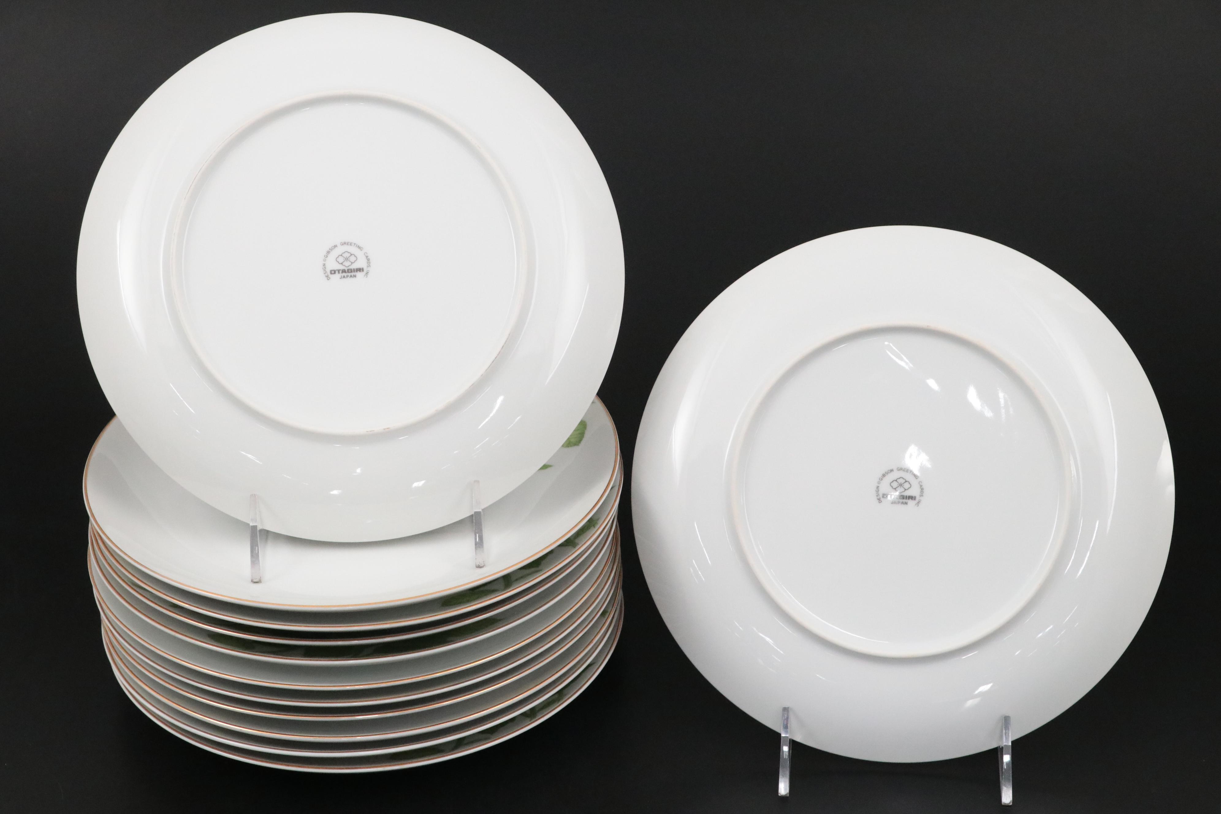 Japanese Otagiri Porcelain Mugs and Plates with Sunflower and Bird Motifs