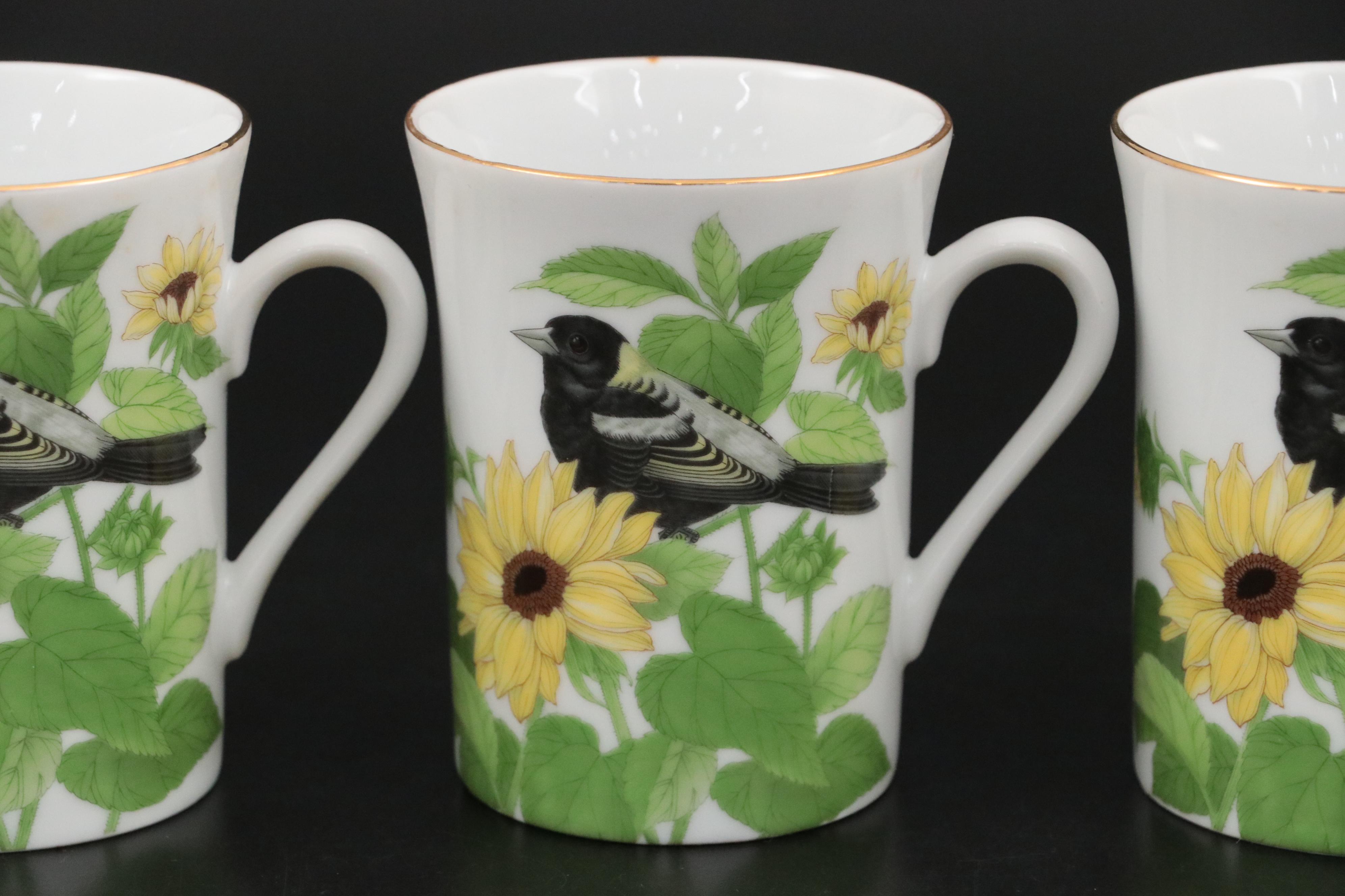 Japanese Otagiri Porcelain Mugs and Plates with Sunflower and Bird Motifs