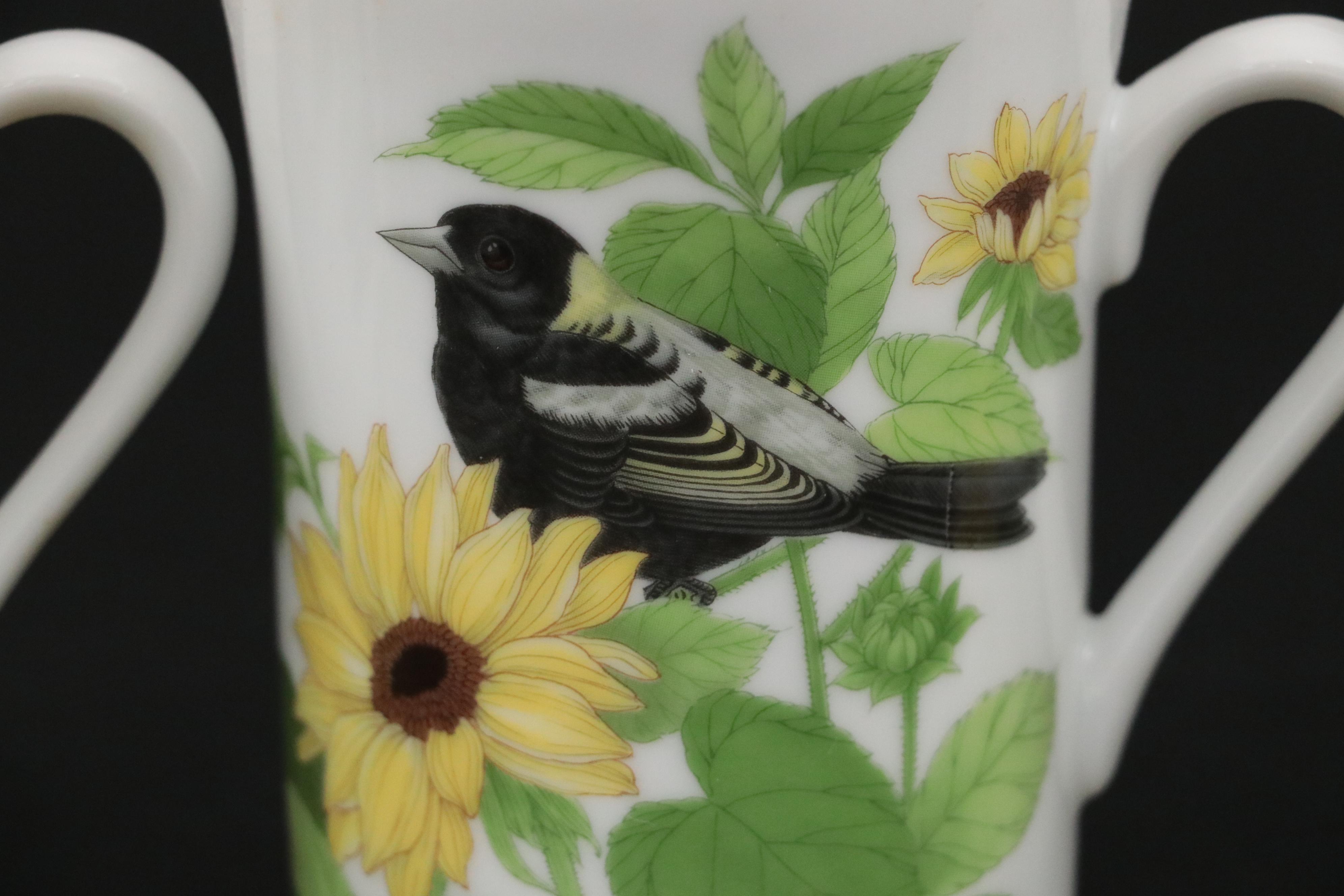 Japanese Otagiri Porcelain Mugs and Plates with Sunflower and Bird Motifs
