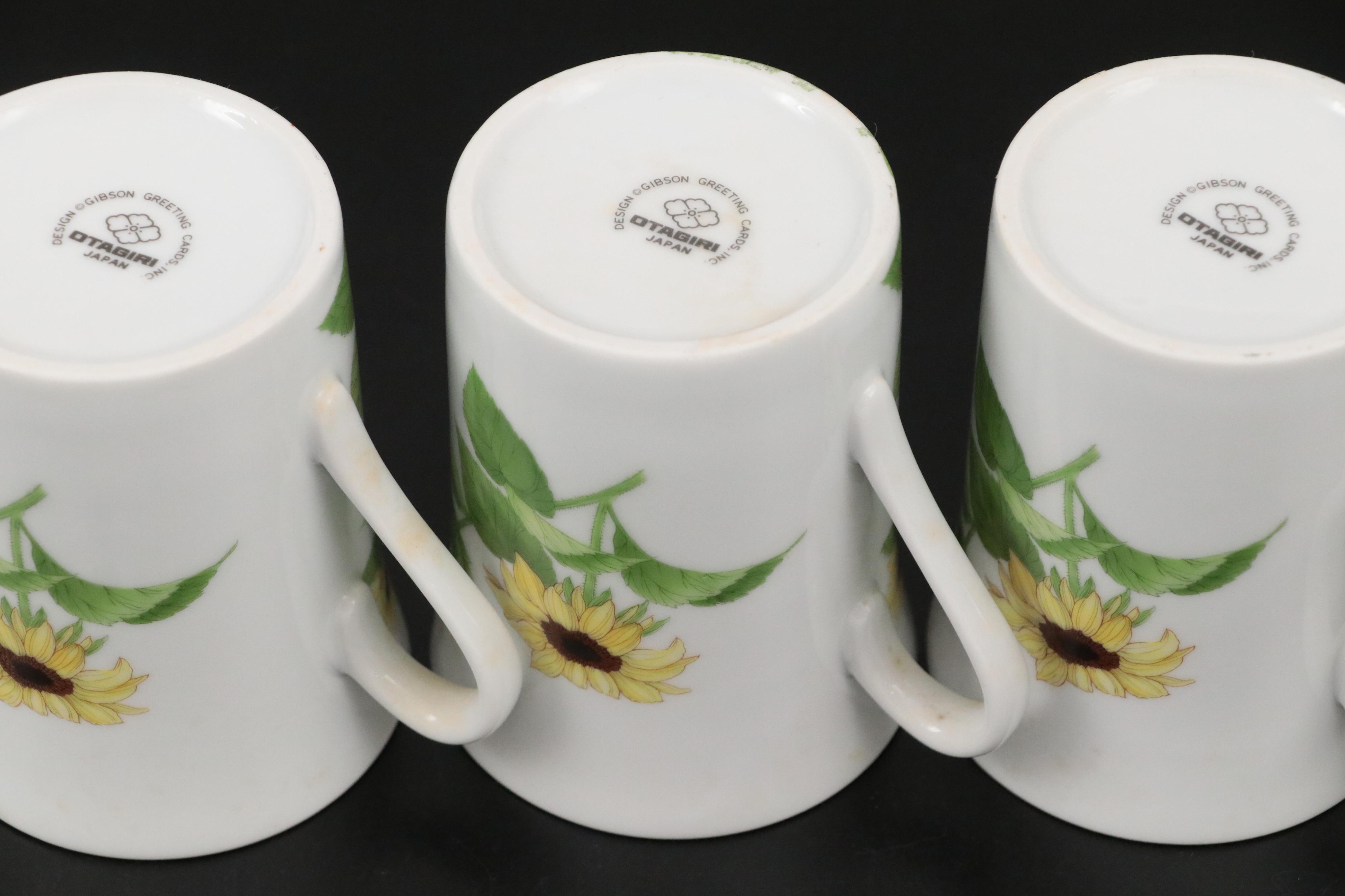 Japanese Otagiri Porcelain Mugs and Plates with Sunflower and Bird Motifs