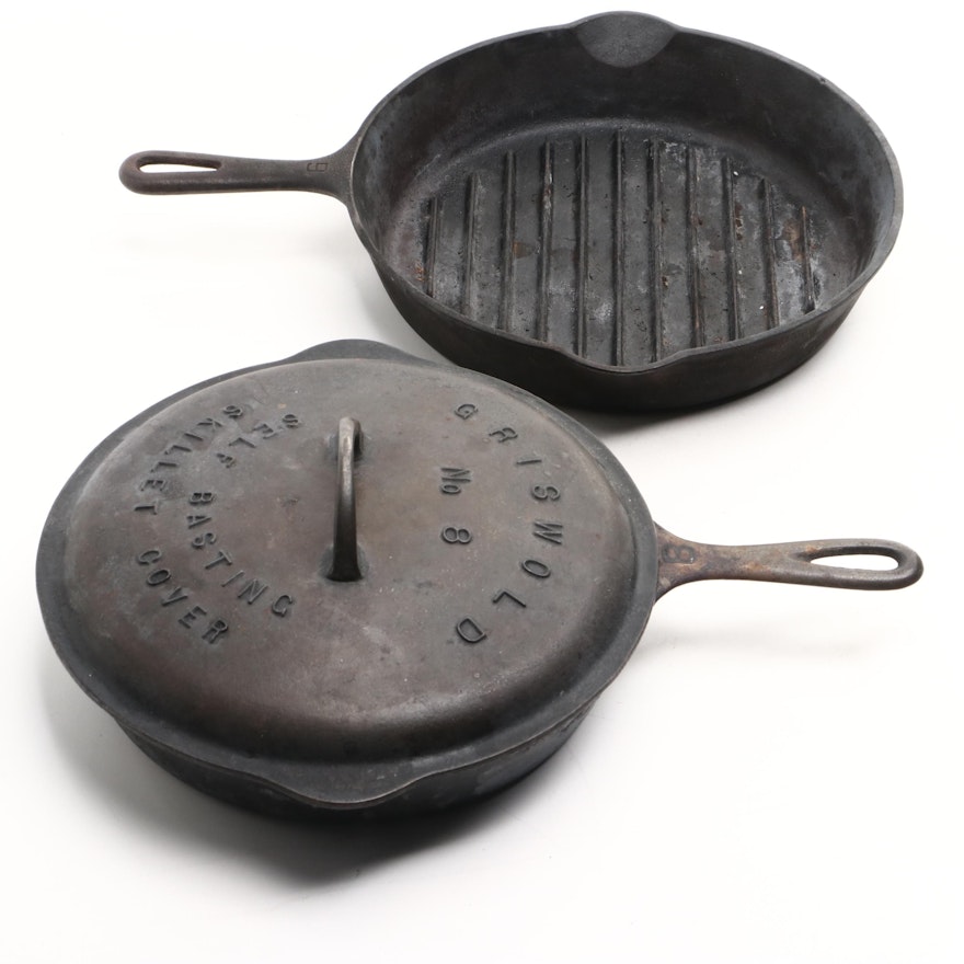 Griswold Cast Iron Skillet and Self-Basting Skillet Cover with Other Grill Pan