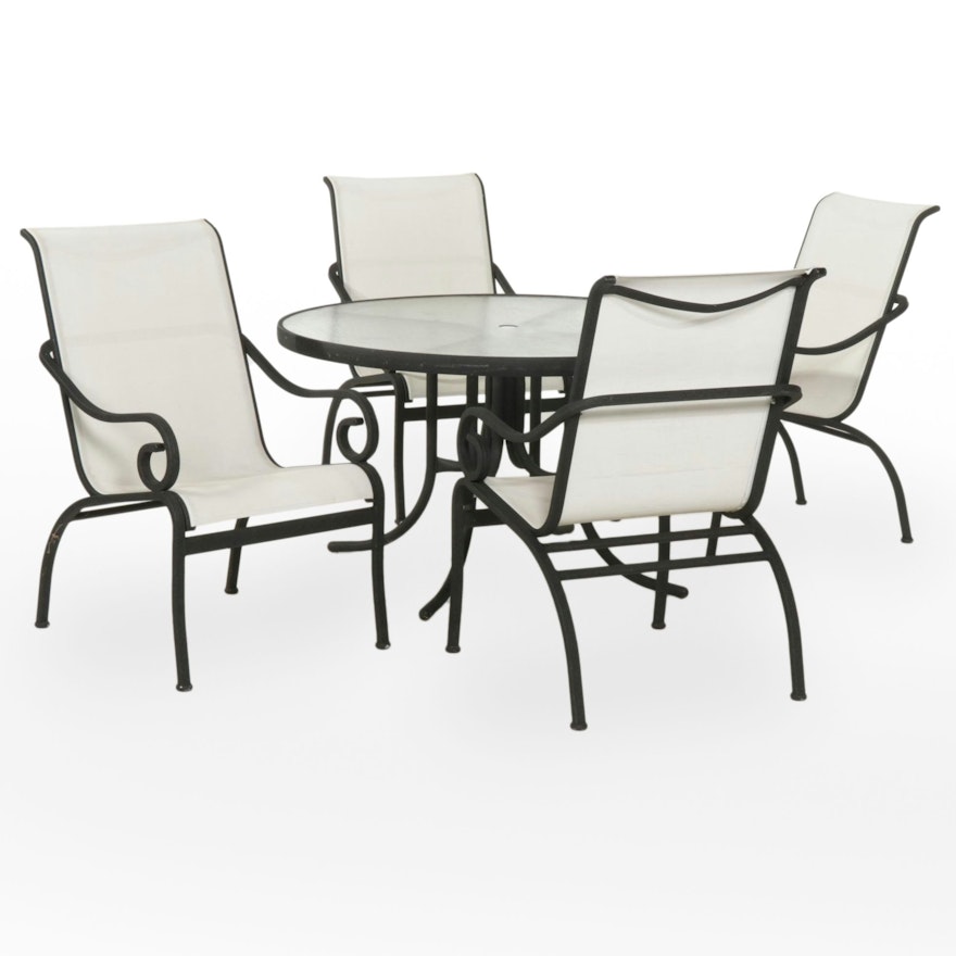 Black Metal and Glass Top Patio Dining Table and Four Mesh Sling Chairs