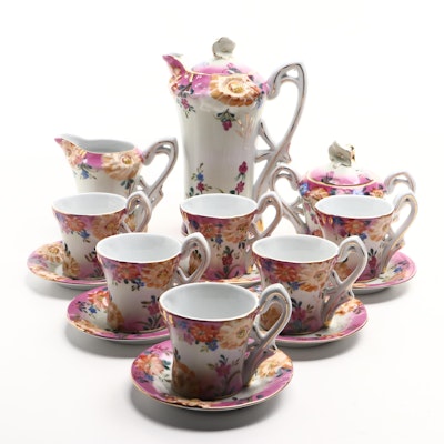 Hand-Painted Gilt Pink Floral Porcelain Coffee Service