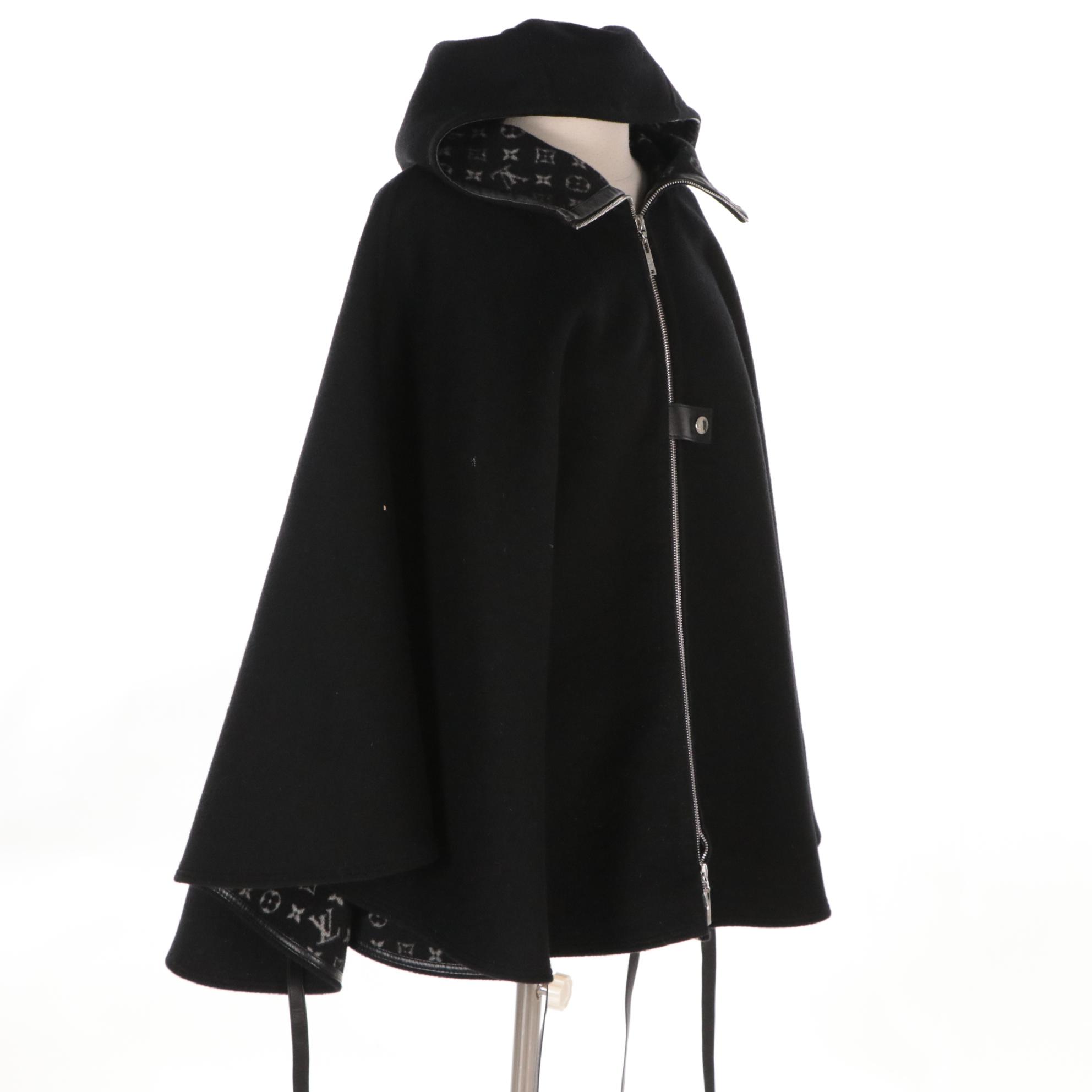 Louis Vuitton Wool and Silk Blend/Monogram Hooded Poncho Cape with Leather Trim