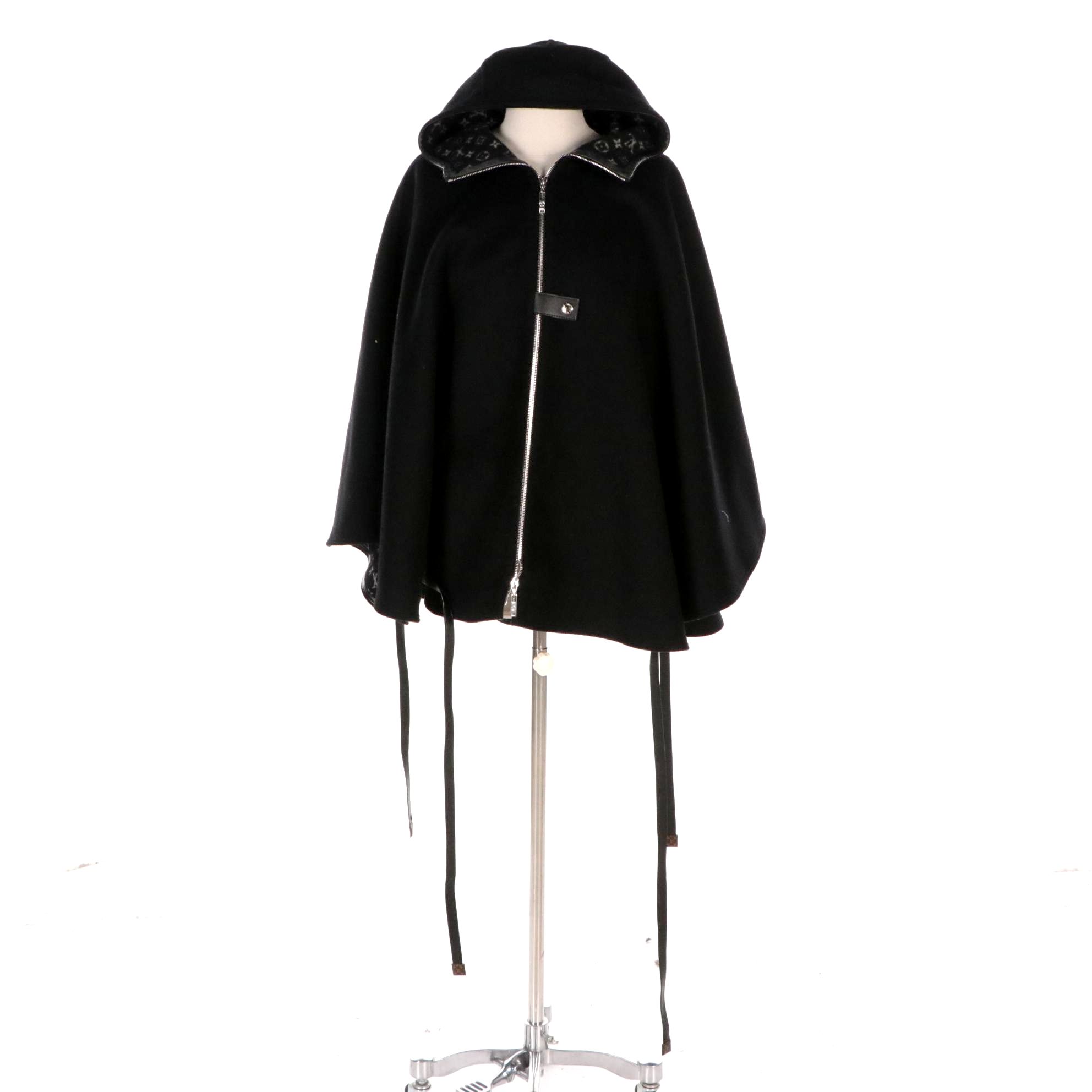 Louis Vuitton Wool and Silk Blend/Monogram Hooded Poncho Cape with Leather Trim