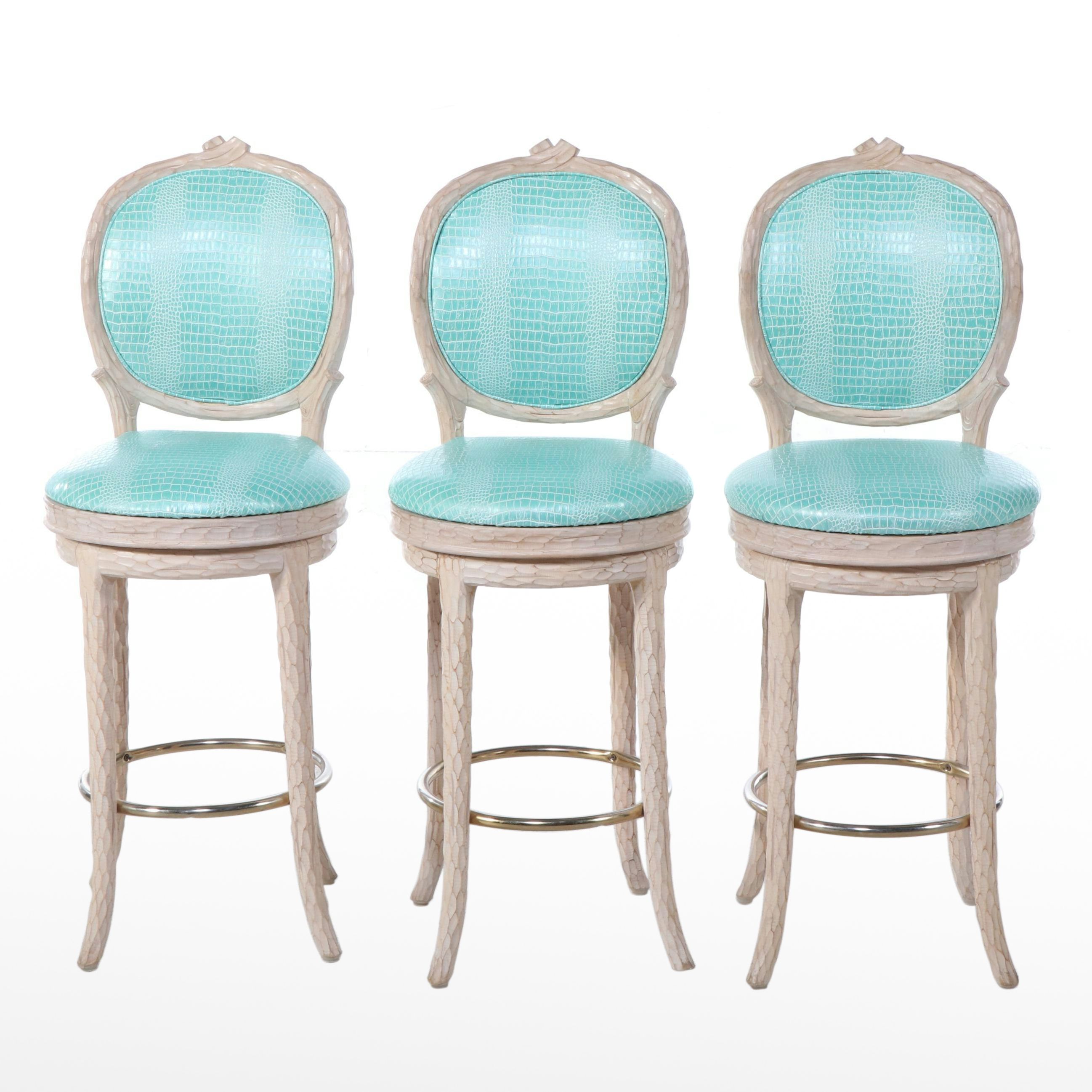 Three Carved Beech and Faux-Alligator Twig-Form Swivel Bar Stools