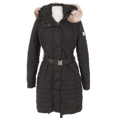 Gorski Puffer Coat Has Blue Fox Accent, Drawstring Bottom & Animal Print Lining