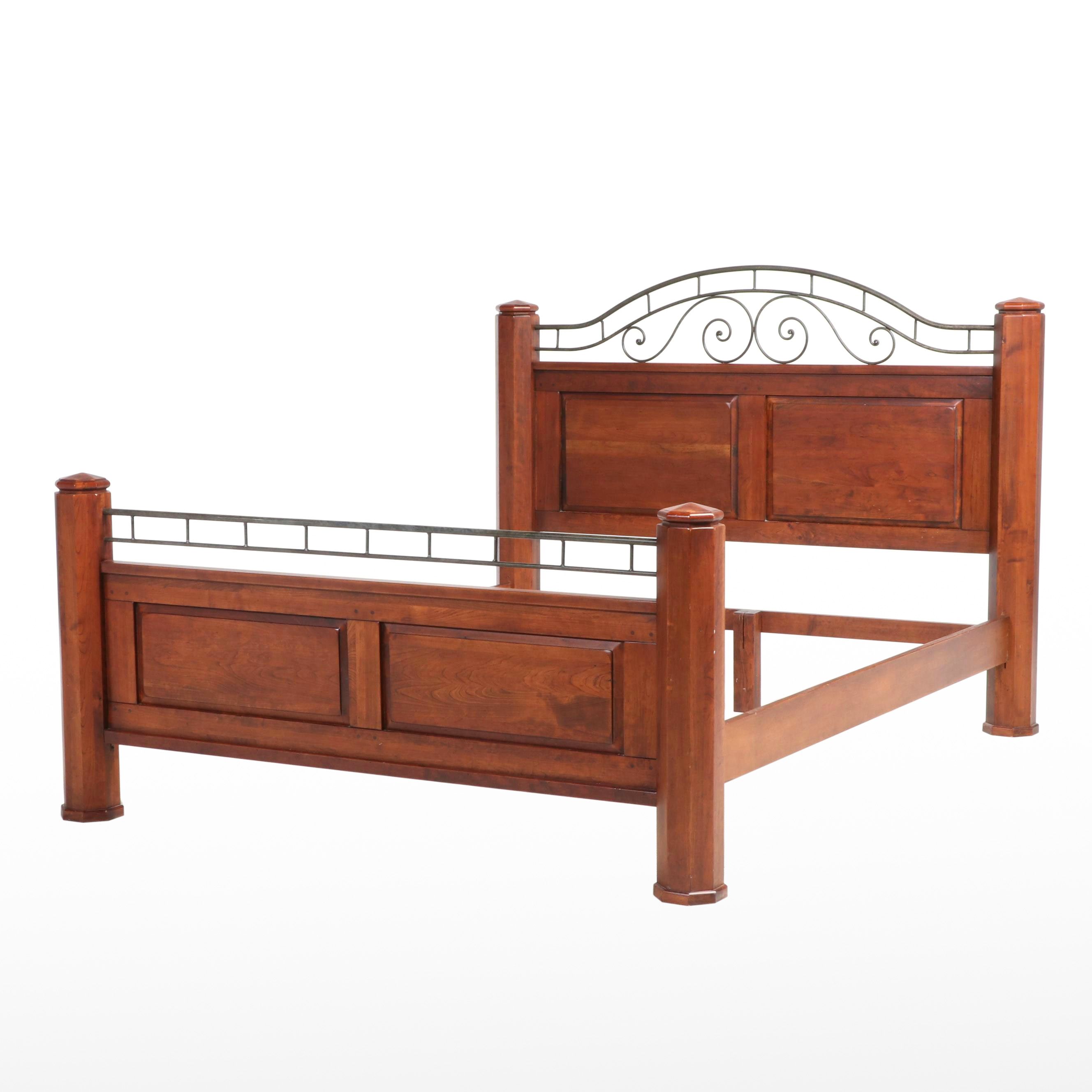 Cherrywood and Patinated Metal California King Size Bed Frame