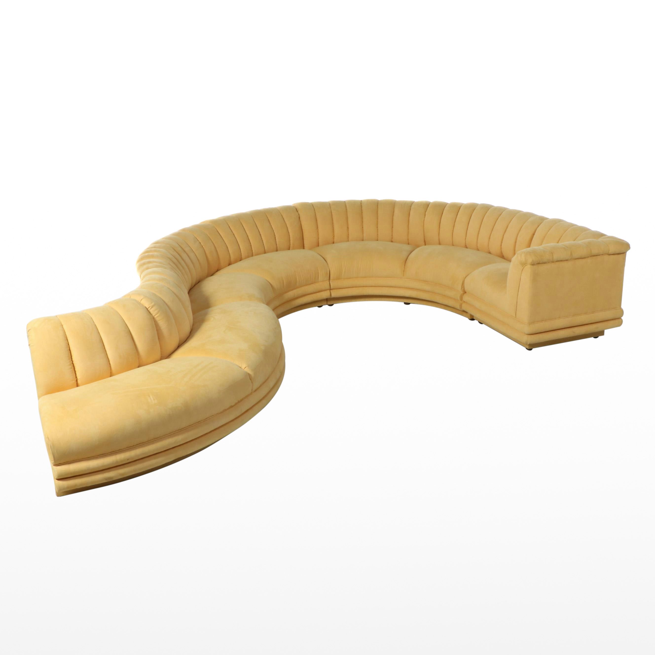 Modernist Channeled Yellow Suede Sectional Sofa