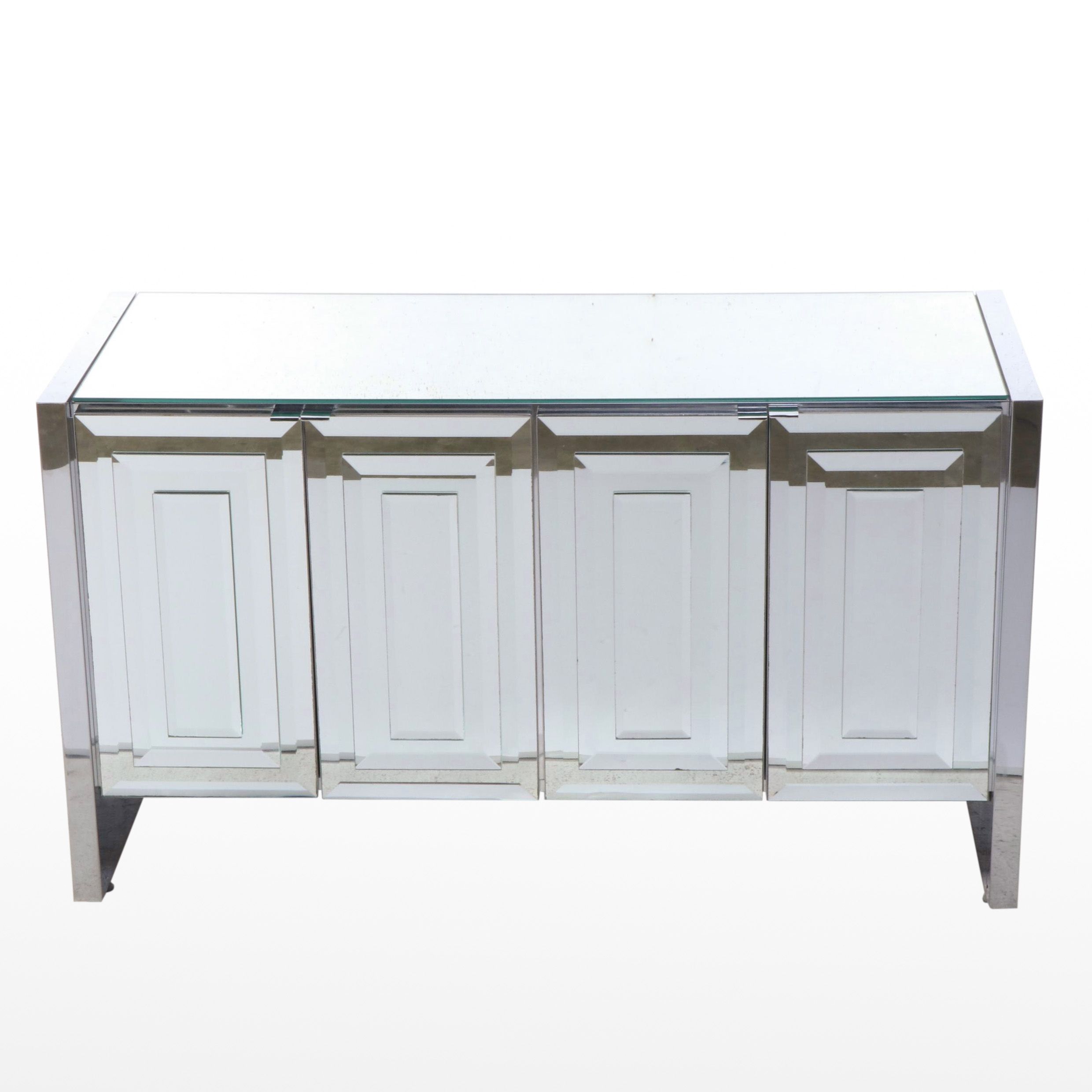 Modernist Chrome and Mirrored Glass Console Cabinet, Manner of Ello Furniture