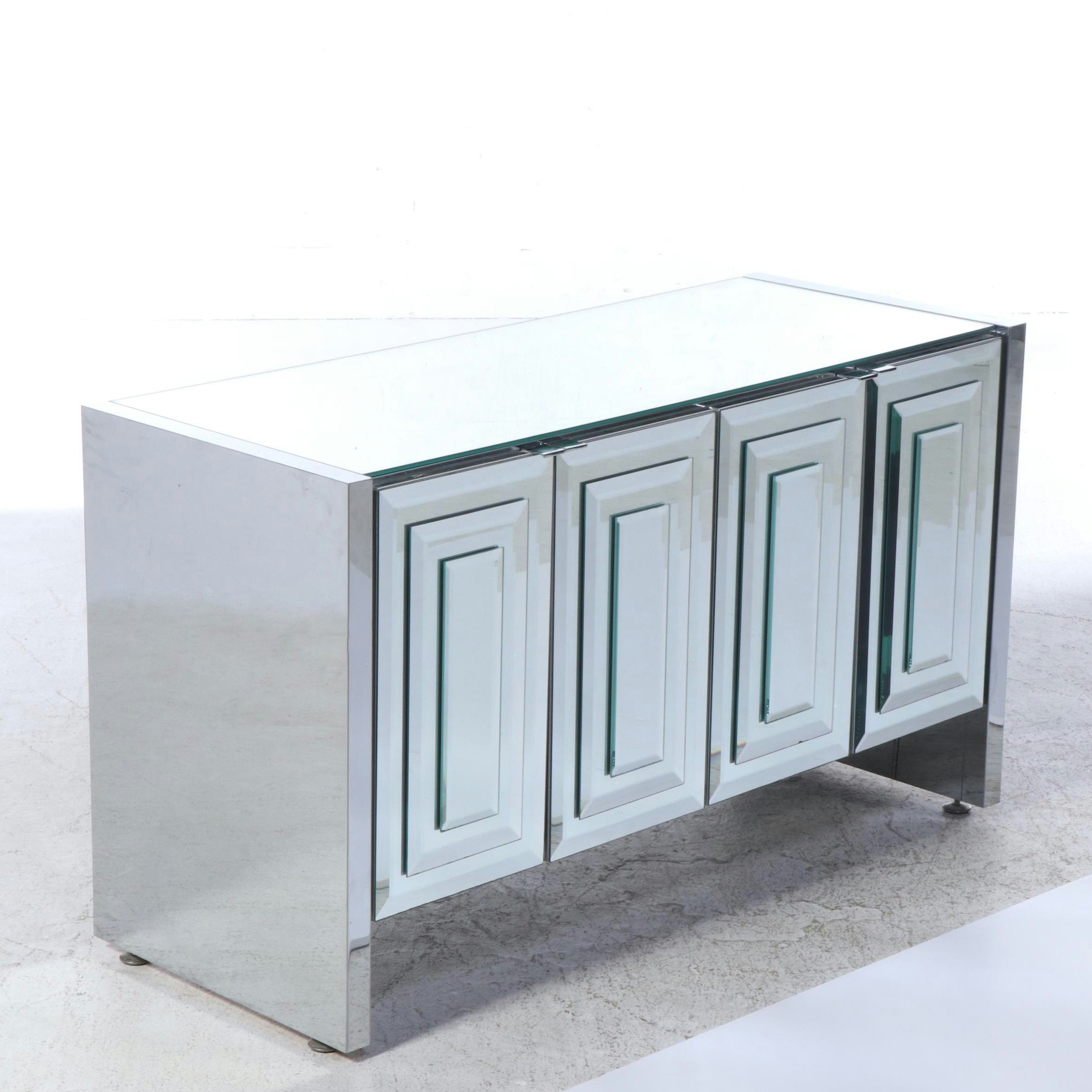 Modernist Chrome and Mirrored Glass Console Cabinet, Manner of Ello Furniture