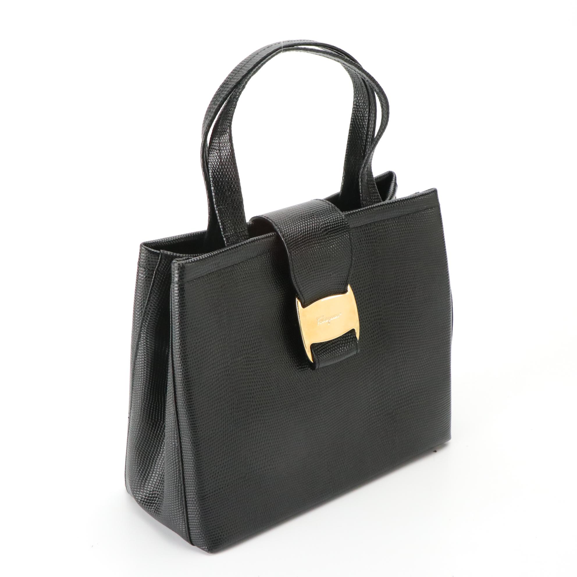 Salvatore Ferragamo Vara Handbag in Black Lizard Embossed Leather