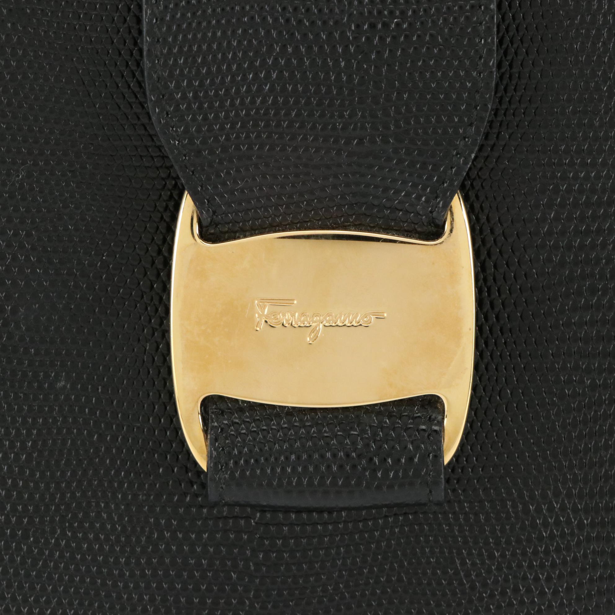 Salvatore Ferragamo Vara Handbag in Black Lizard Embossed Leather