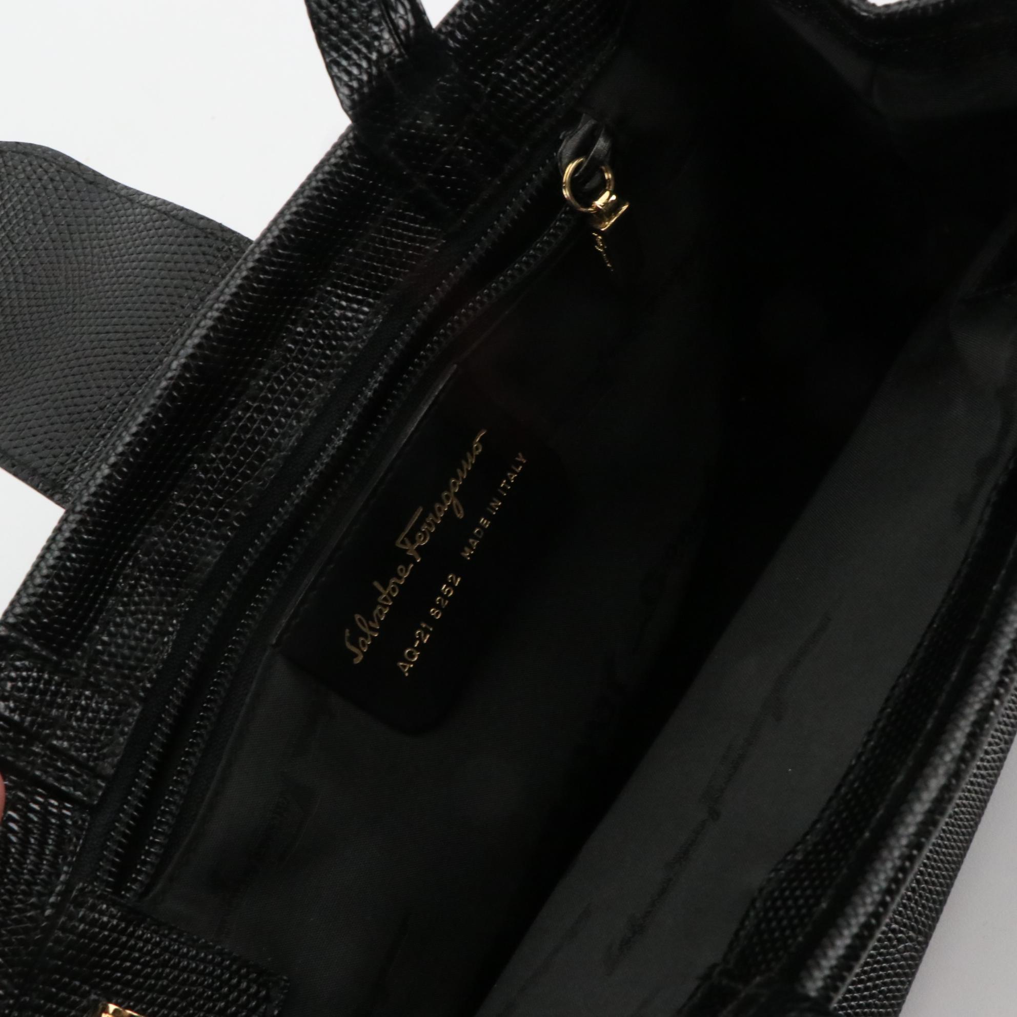 Salvatore Ferragamo Vara Handbag in Black Lizard Embossed Leather