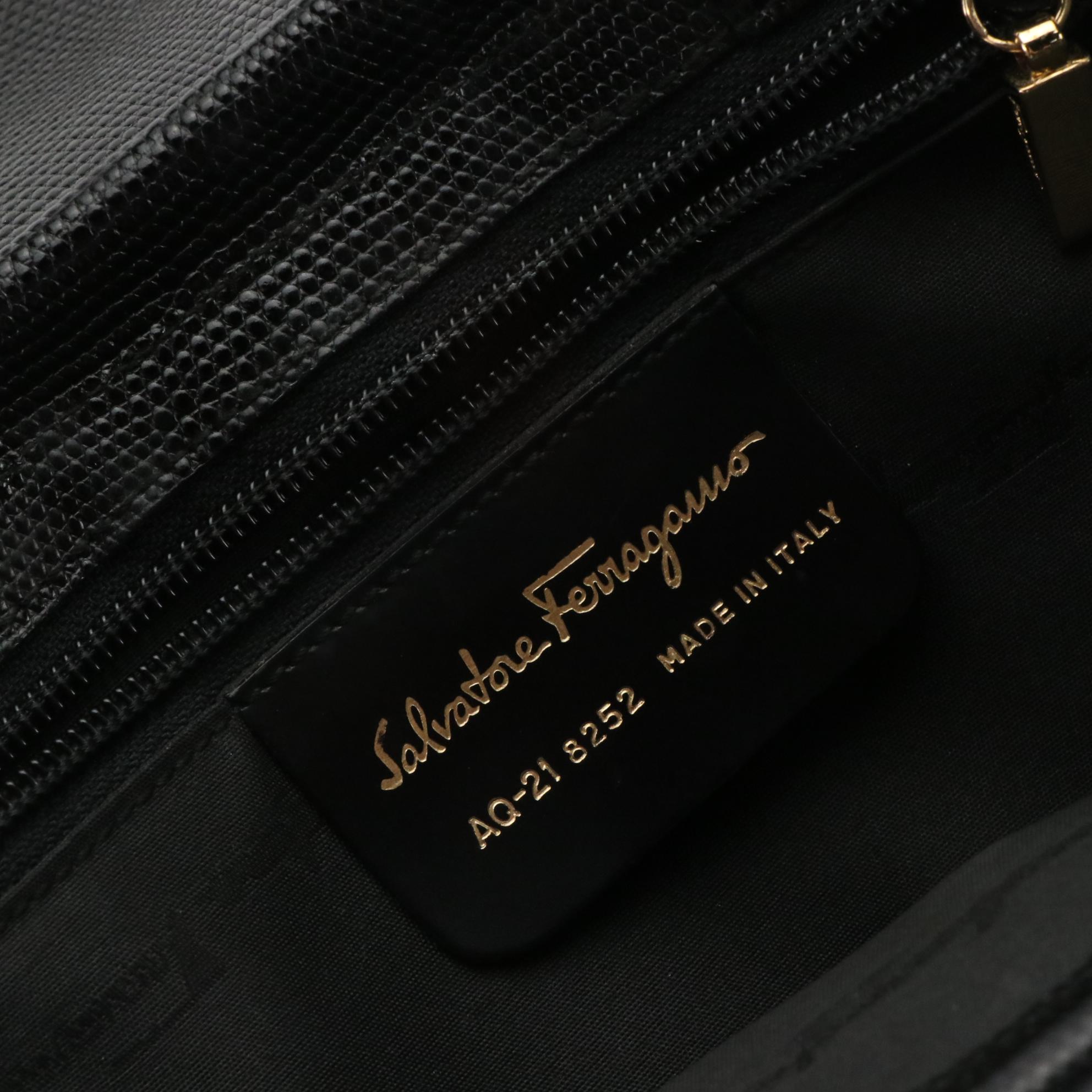 Salvatore Ferragamo Vara Handbag in Black Lizard Embossed Leather