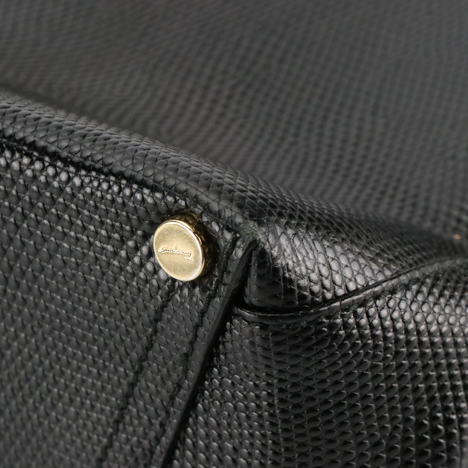 Salvatore Ferragamo Vara Handbag in Black Lizard Embossed Leather