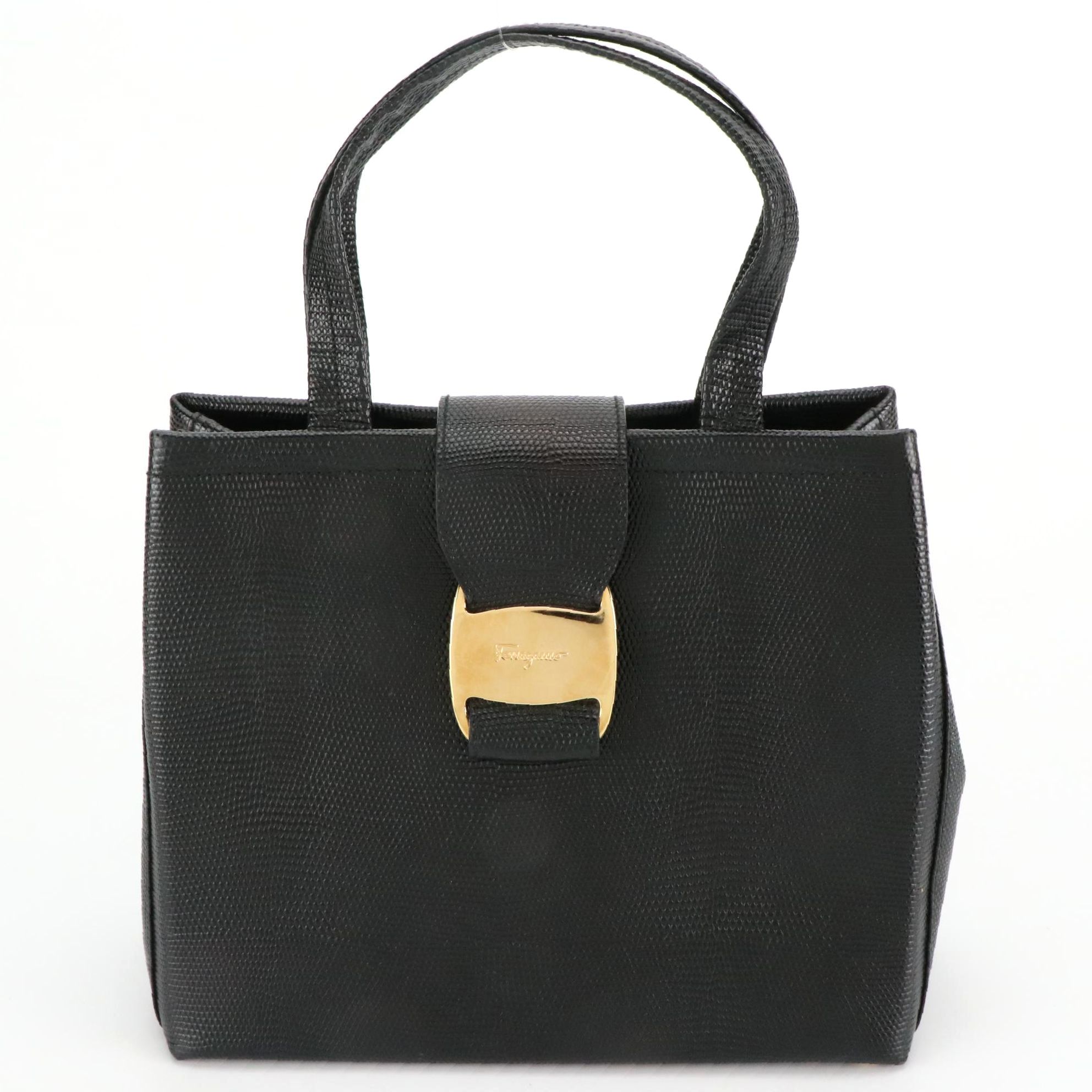 Salvatore Ferragamo Vara Handbag in Black Lizard Embossed Leather