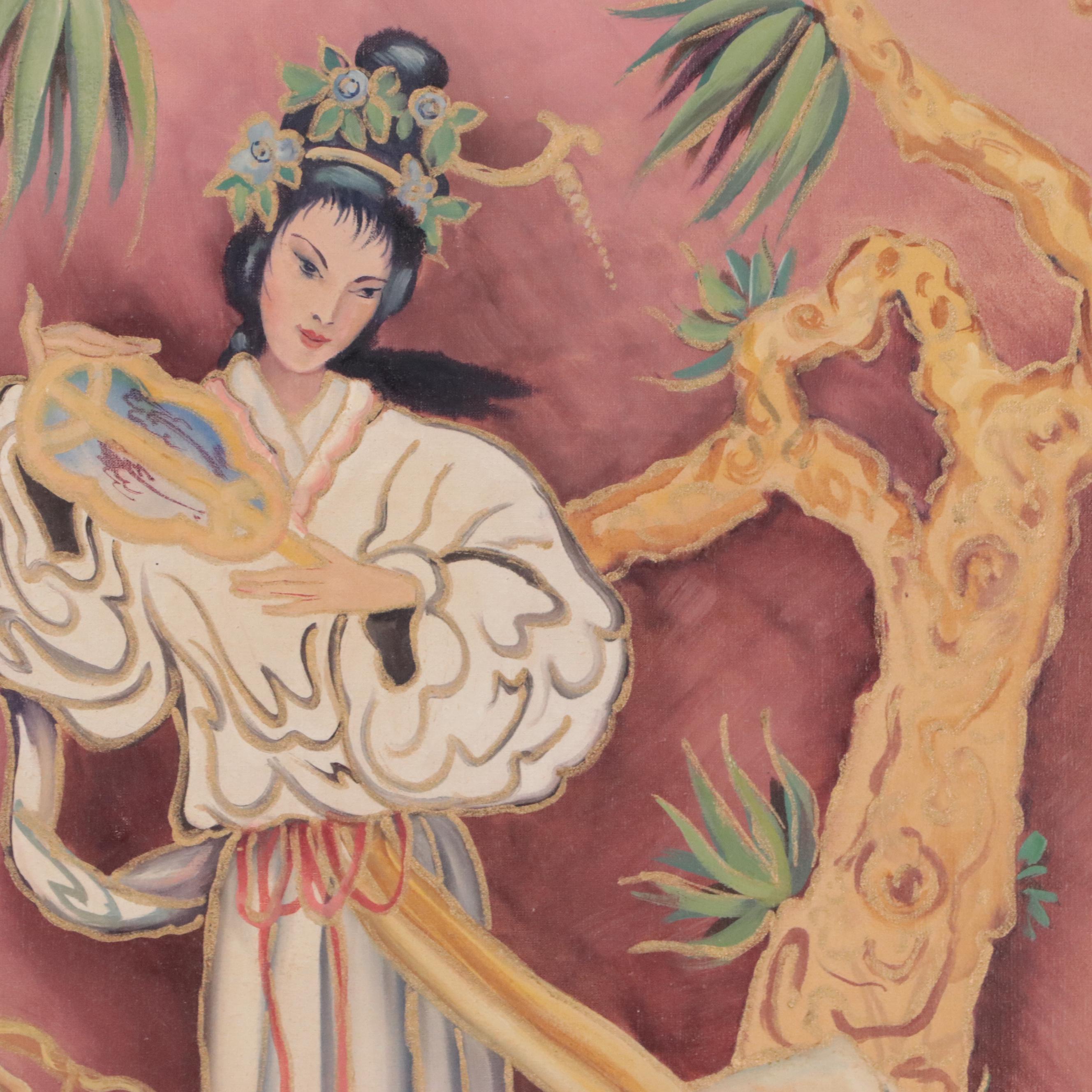 Diann Batist Oil Painting of a Stylized Landscape with Woman and Crane